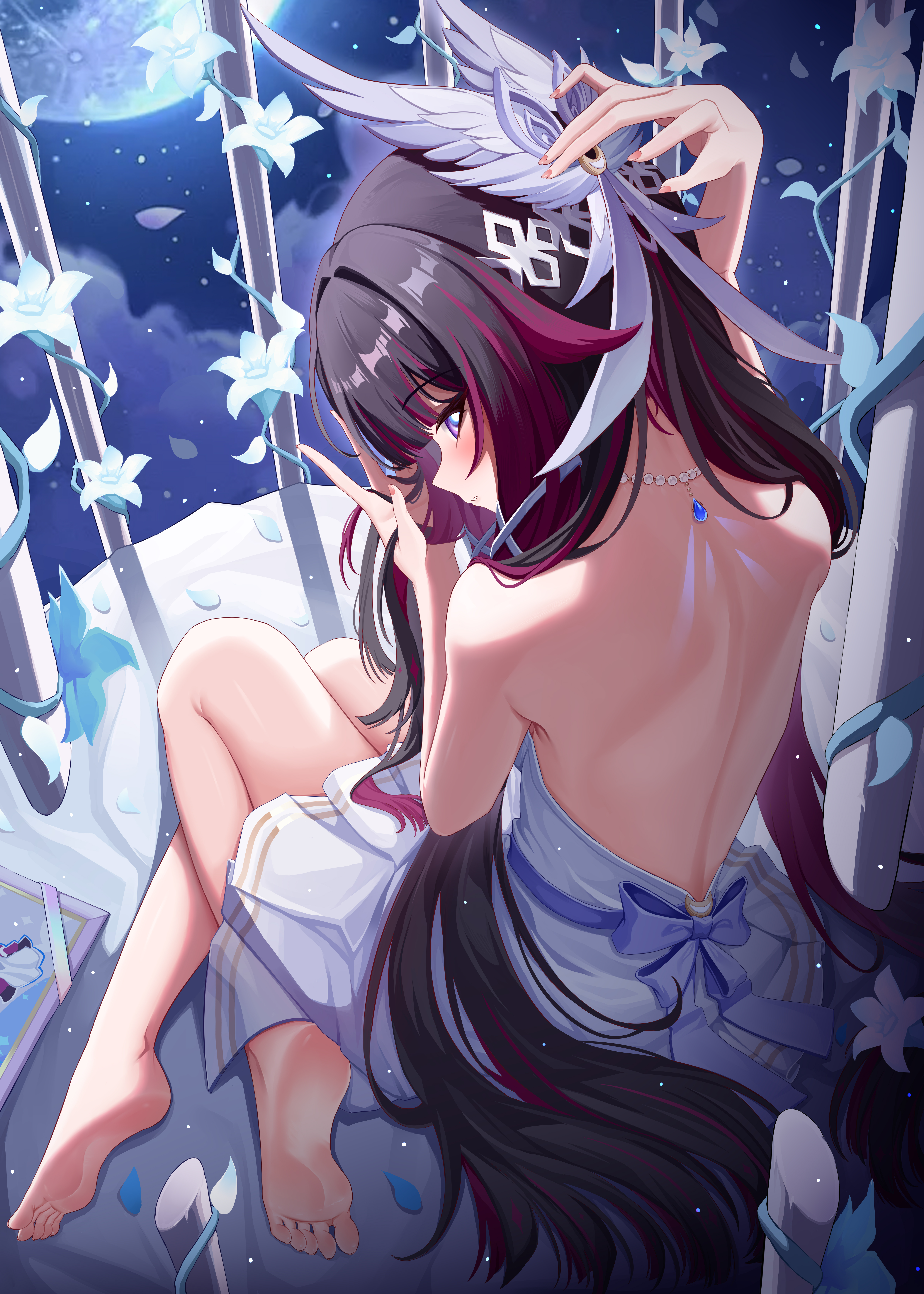 aichinaigai, columbina (genshin impact), genshin impact, absurdres, commentary request, highres, 1girl, arm up, back, bare legs, bare shoulders, barefoot, birdcage, black hair, cage, closed mouth, colored inner hair, dress, feet, fingernails, from above, from behind, hair ornament, hand up, legs, long hair, looking at viewer, looking back, median furrow, multicolored hair, purple eyes, purple hair, shoulder blades, sitting, soles, solo, streaked hair, toes, very long hair, white dress, wing hair ornament, yokozuwari