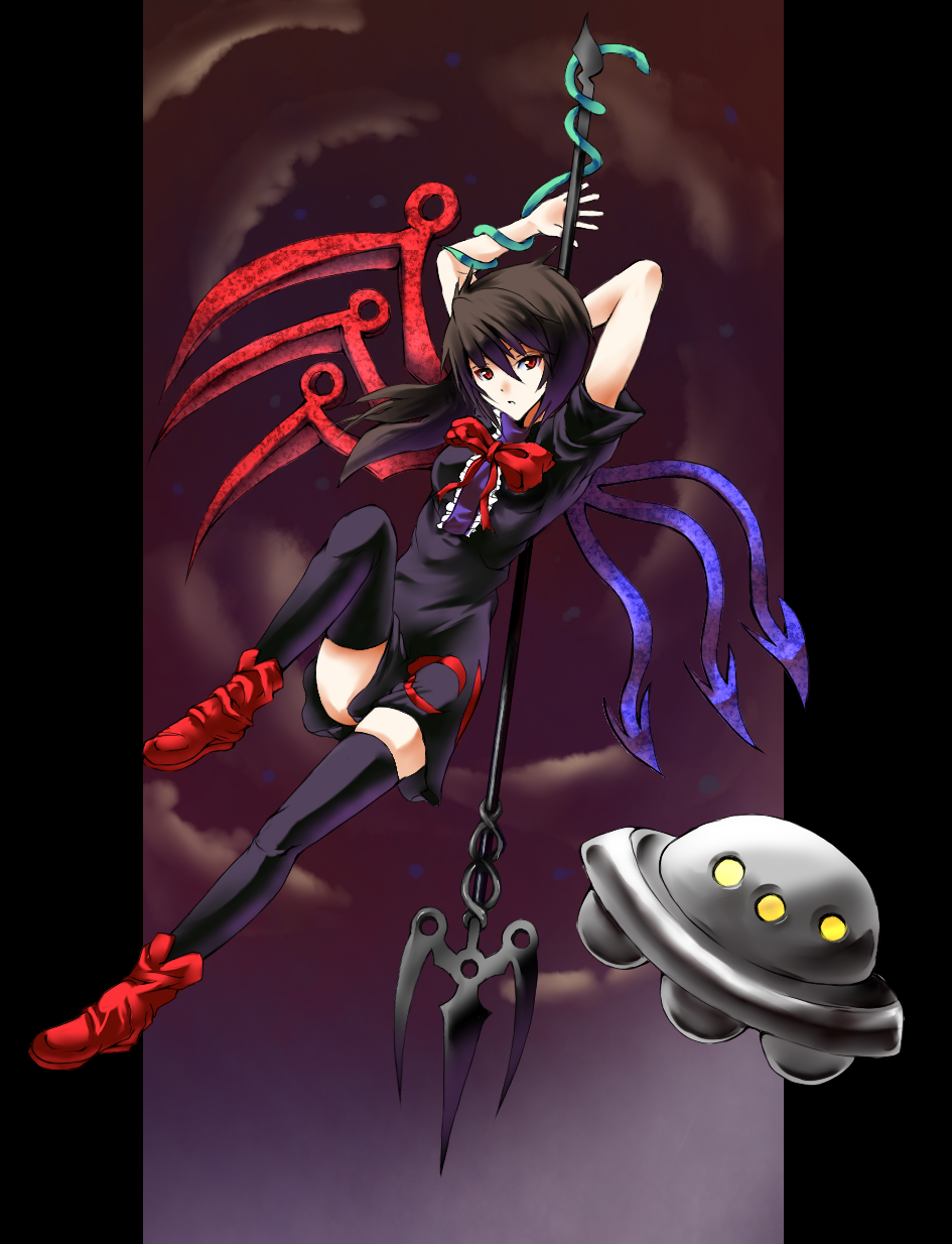 bnd, bondo, bondo (borndragon), houjuu nue, touhou, highres, 1girl, black hair, black thighhighs, female focus, full body, outdoors, polearm, red eyes, short hair, sky, snake, solo, spear, thighhighs, trident, ufo, weapon, wings, zettai ryouiki
