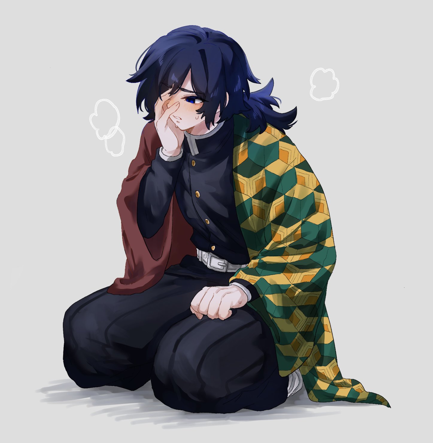 tomioka giyuu, kimetsu no yaiba, commentary request, highres, 1boy, belt, black hair, black jacket, black pants, blue eyes, blush, buttons, demon slayer uniform, empty eyes, full body, gold buttons, grey background, hand up, haori, high collar, jacket, japanese clothes, kikkoumon, long hair, low ponytail, male focus, pants, parted lips, ponytail, print haori, red haori, shadow, simple background, solo, spiked hair, sweat, teeth, uw 02, white belt