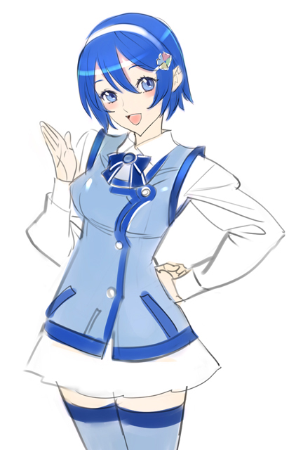 nishieda, 7-tan, madobe nanami, microsoft windows, os-tan, windows 7, 1girl, blue eyes, blue hair, female focus, matching hair/eyes, open mouth, simple background, sketch, skirt, solo, thighhighs