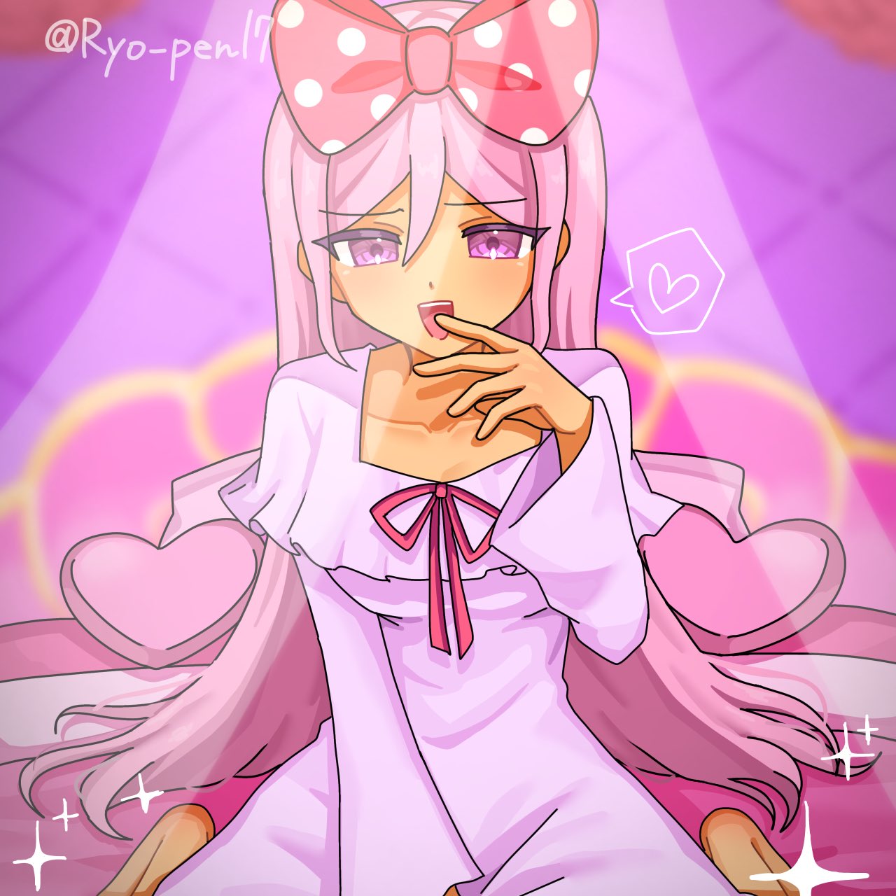 ryo pen17, sweetheart (omori), omori, commentary request, highres, 1girl, :d, alternate costume, alternate hairstyle, arm between legs, artist name, barefoot, blurry, blurry background, bow, breasts, dark-skinned female, dark skin, double-parted bangs, hair between eyes, hair bow, hair down, hand up, heart, long hair, looking at viewer, open mouth, pink bow, pink eyes, pink hair, polka dot, polka dot bow, sidelocks, small breasts, smile, solo, speech bubble, spoken heart, straight-on, teeth, tongue, tsurime, twitter username, upper teeth only