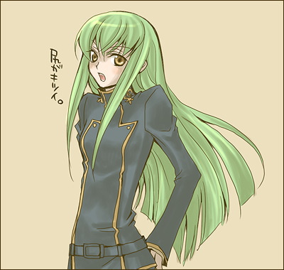 mecco, c.c., code geass, lowres, 00s, 1girl, blush, crossdressing, crossdressing (ftm), female focus, green hair, hand on own ass, long hair, simple background, solo, yellow eyes