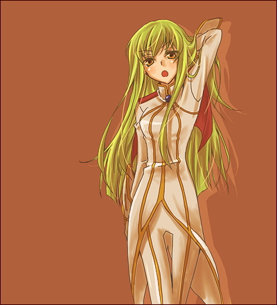 mecco, c.c., code geass, pilot suit, lowres, 00s, 1girl, female focus, green hair, solo, yellow eyes