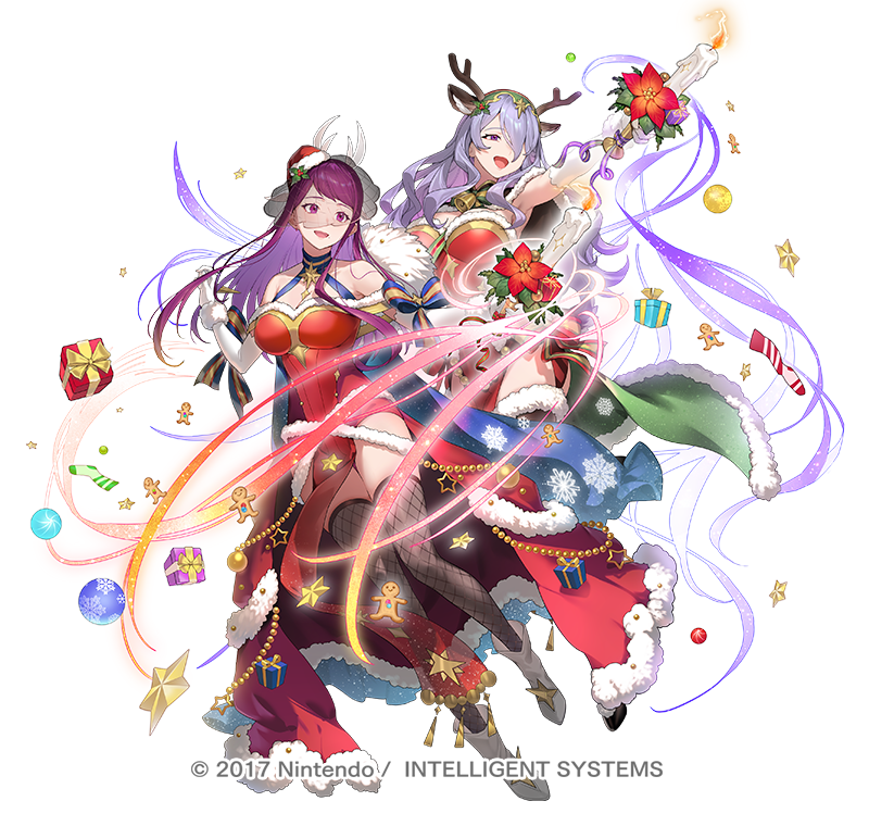 kakage, camilla (fire emblem), ivy (fire emblem), fire emblem, fire emblem engage, fire emblem fates, fire emblem heroes, nintendo, commentary request, official art, 2girls, breasts, cleavage, full body, gloves, hair over one eye, long hair, looking at viewer, mole, mole under mouth, multiple girls, official alternate costume, open mouth, purple eyes, purple hair, smile, very long hair, wavy hair