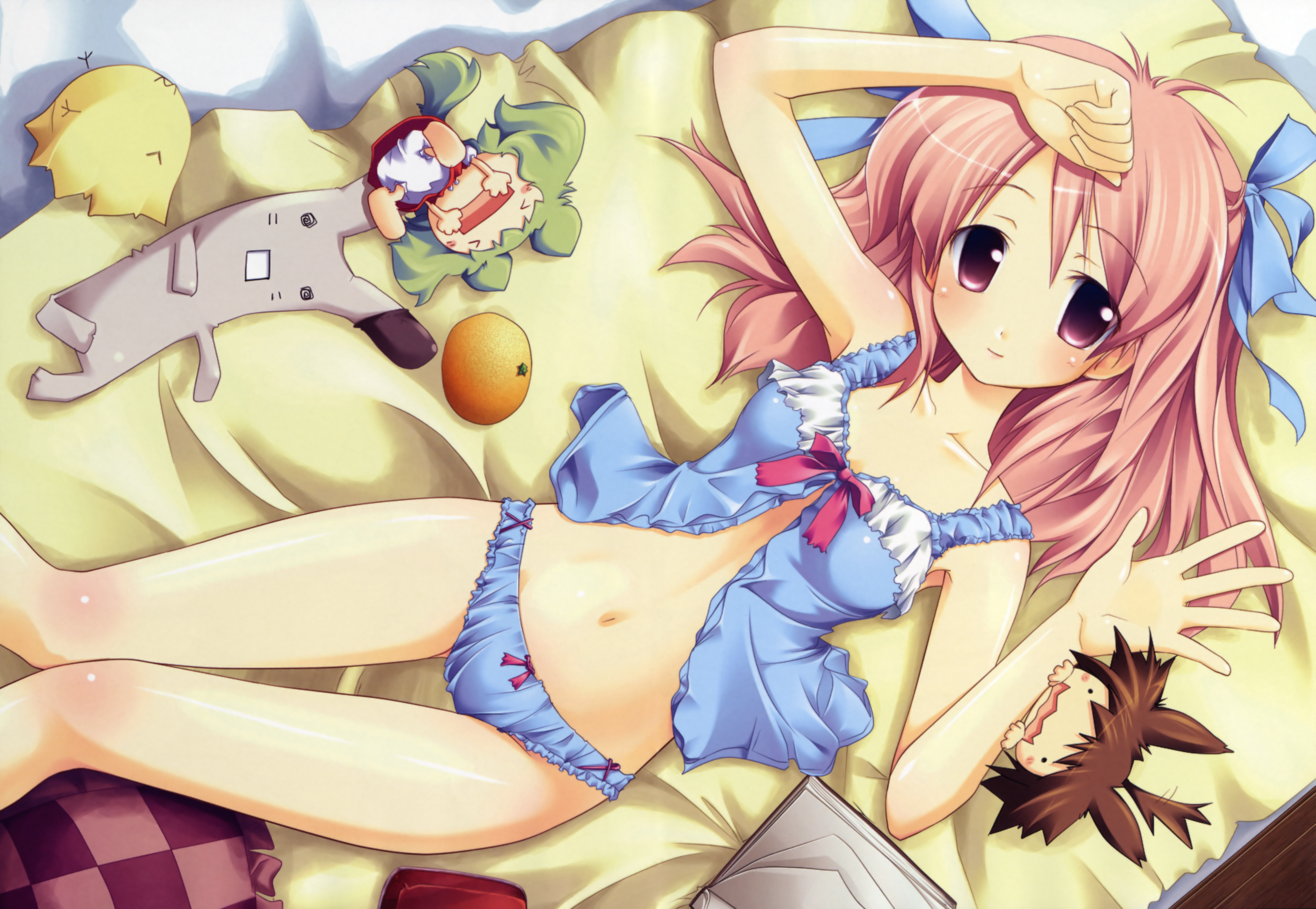 fue (tsuzuku), colette marais, airy[f]airy, absurdres, highres, huge filesize, official art, official wallpaper, 1girl, babydoll, blue panties, bow, bow panties, chibi, female focus, food, fruit, hair bow, lingerie, lying, navel, on back, orange (fruit), panties, pink eyes, pink hair, solo, underwear