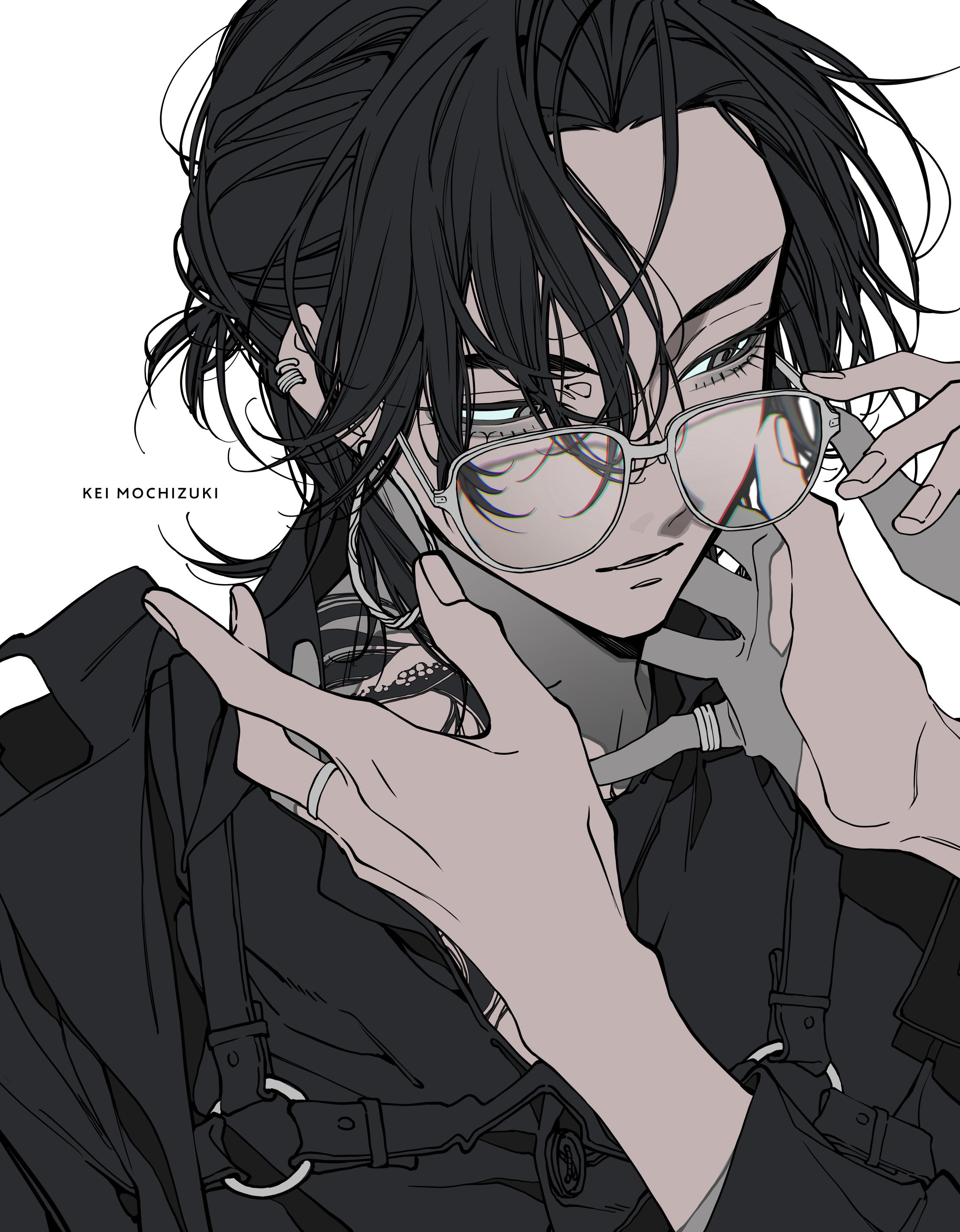 mochizuki kei, original, absurdres, commentary request, highres, 1boy, 1other, adjusting eyewear, artist name, black hair, black shirt, buttons, chest harness, collared shirt, ear piercing, eyelashes, fingernails, glasses, grey eyes, hand on another's neck, harness, jewelry, limited palette, long sleeves, looking over eyewear, looking to the side, male focus, parted lips, piercing, ring, shirt, short hair, simple background, solo focus, tsurime, upper body, white-framed eyewear, white background