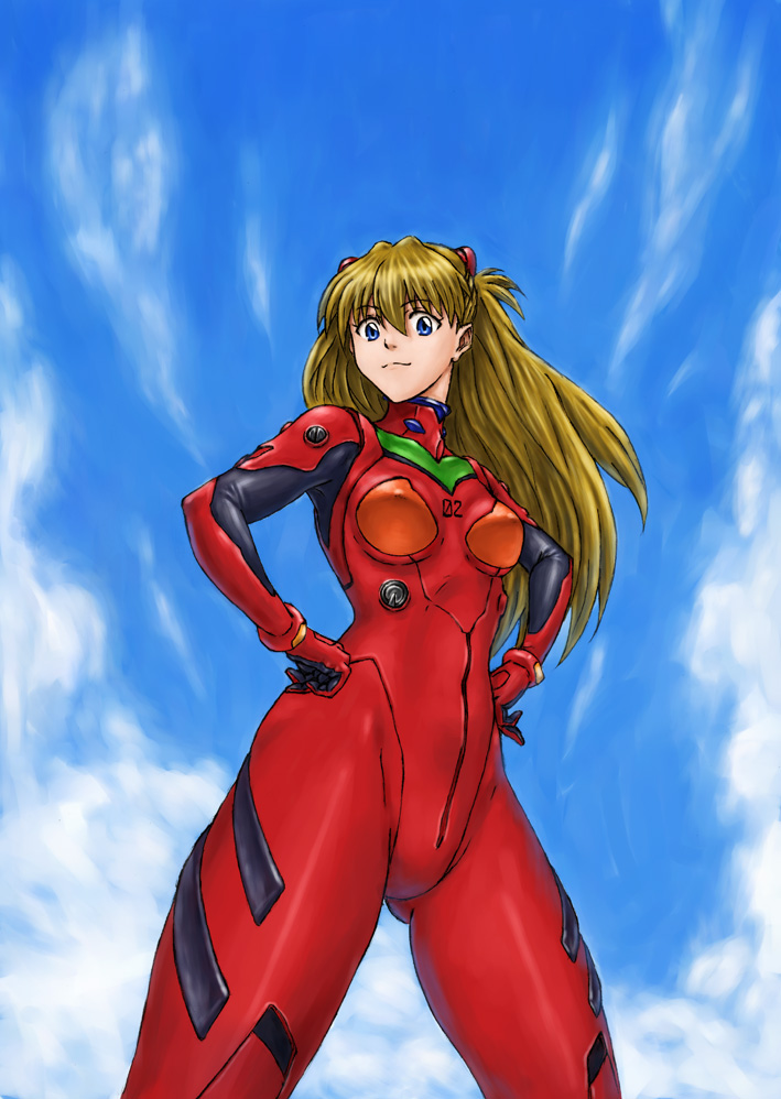 souryuu asuka langley, neon genesis evangelion, light brown hair, 1girl, blue eyes, blue sky, bodysuit, bracer, breasts, brown hair, cloud, covered erect nipples, cowboy shot, curvy, day, female focus, foreshortening, from below, gloves, hair between eyes, hair ornament, legs apart, light smile, long hair, looking at viewer, mecha pilot suit, narrow waist, outdoors, plugsuit (evangelion), red bodysuit, sky, small breasts, smile, solo, thighs, turtleneck, twintails, two side up, wide-eyed