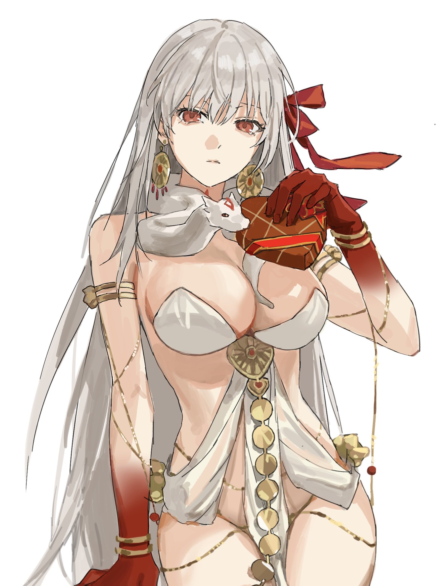 cherroppi, durga (fate), fate/grand order, fate (series), commentary request, highres, korean commentary, 1girl, armlet, belly chain, bracelet, breasts, candy, chocolate, chocolate heart, cleavage, colored extremities, cowboy shot, earrings, expressionless, food, grey hair, hair ribbon, hand up, heart, heart-shaped food, holding, holding chocolate, holding food, jewelry, large breasts, long hair, looking at viewer, pelvic curtain, red eyes, red hands, red ribbon, revealing clothes, ribbon, snake, solo, very long hair