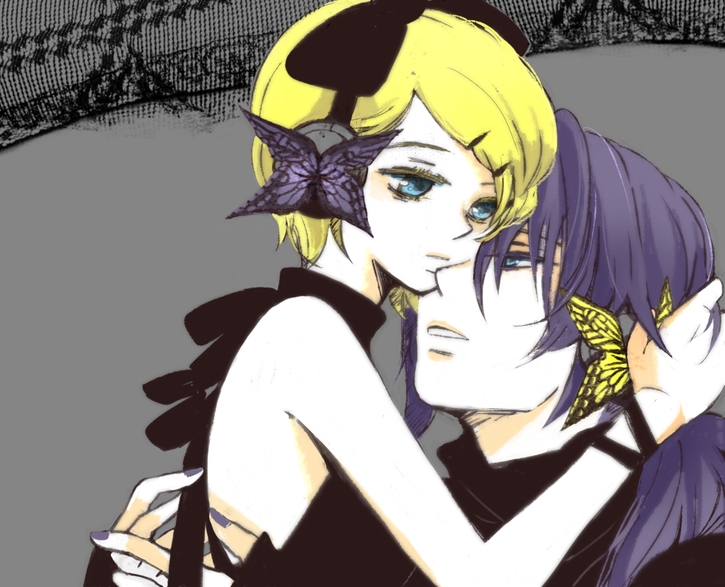 nia (four winds), kagamine rin, kamui gakupo, magnet (vocaloid), vocaloid, 1boy, 1girl, age difference, blonde hair, bow, butterfly, butterfly hair ornament, couple, hair ornament, headphones, hetero, hug, purple hair, short hair