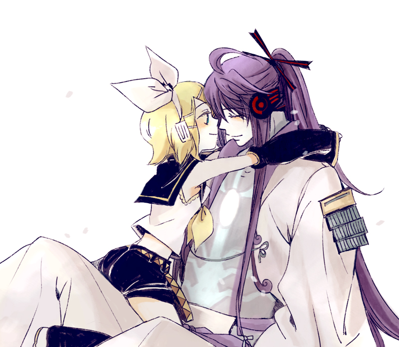 nia (four winds), kagamine rin, kamui gakupo, vocaloid, 1boy, 1girl, age difference, blonde hair, blush, bow, couple, headphones, hetero, hug, long hair, purple hair, samurai, short hair, shorts
