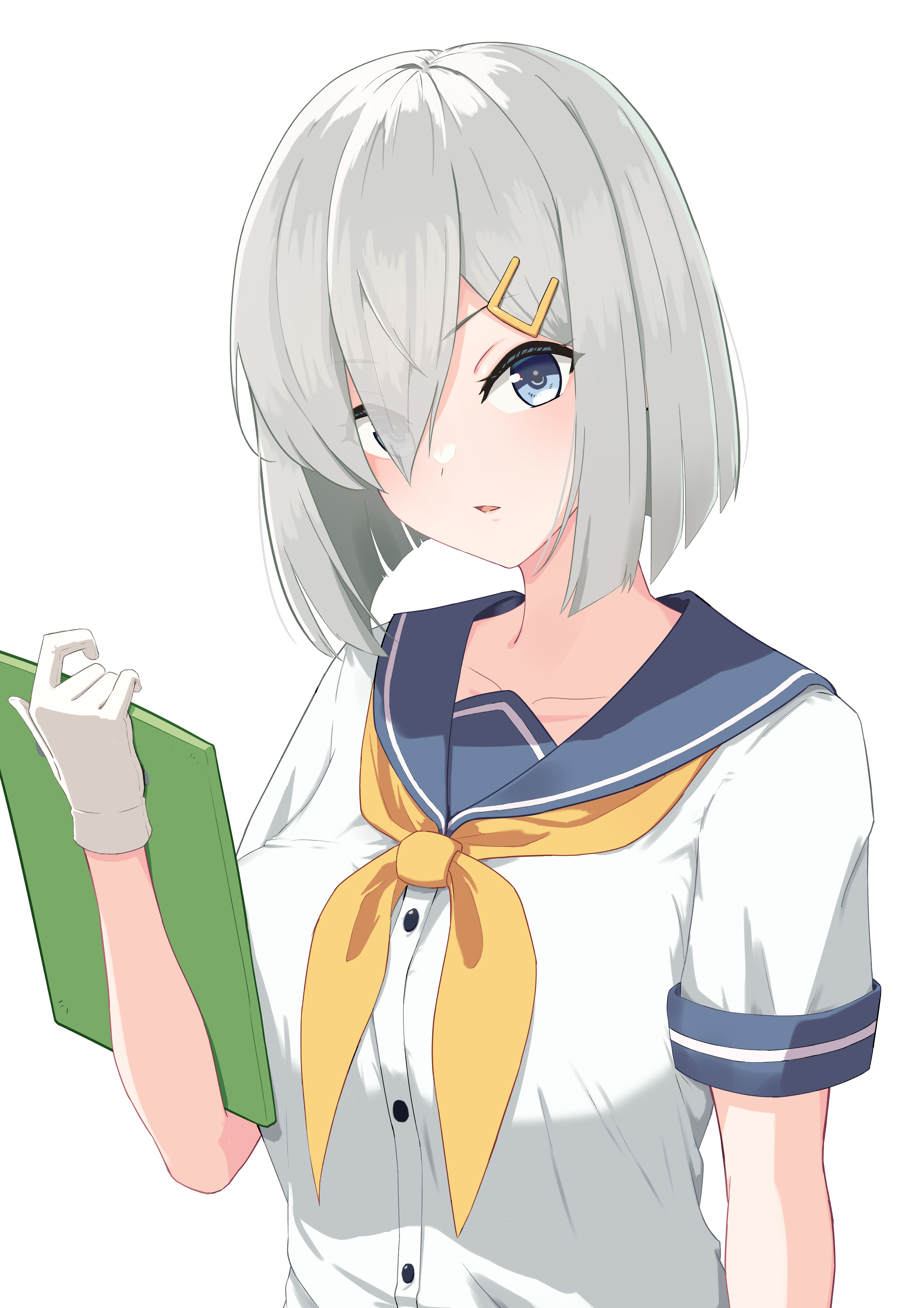 hamakaze (kancolle), kantai collection, absurdres, commentary request, highres, 1girl, blue eyes, blue sailor collar, breasts, gloves, grey hair, hair over one eye, large breasts, looking at viewer, medium hair, neckerchief, open mouth, sailor collar, school uniform, serafuku, short sleeves, simple background, solo, sukegakure, swept bangs, upper body, white background, white gloves, white serafuku, yellow neckerchief