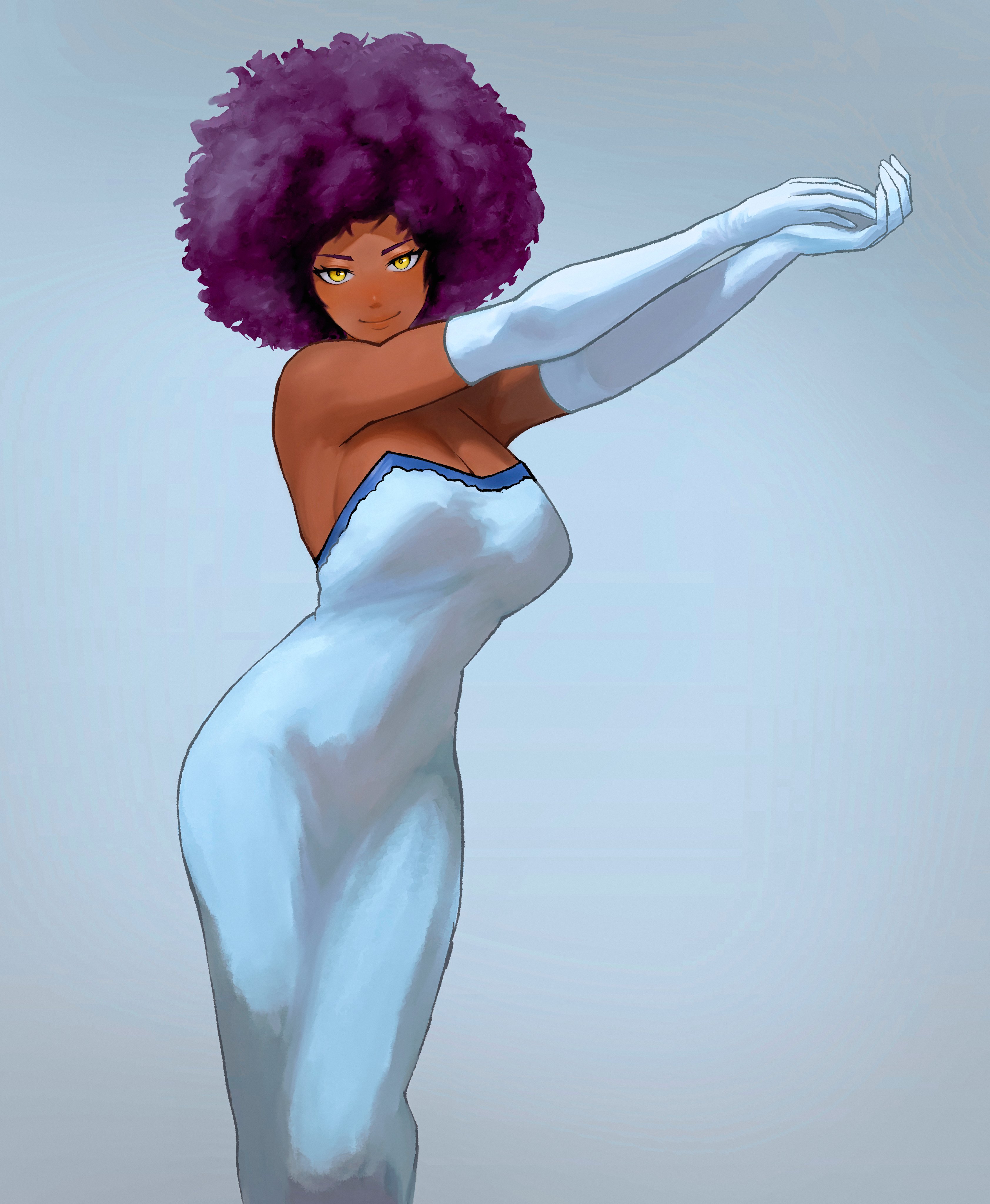 sira (si12o2), shihouin yoruichi, bleach, absurdres, commentary, english commentary, highres, 1girl, afro, alternate hairstyle, arms up, bare shoulders, big hair, breasts, cleavage, dark-skinned female, dark skin, dress, elbow gloves, gloves, large breasts, looking at viewer, purple hair, smile, solo, strapless, strapless dress, white dress, white gloves, yellow eyes