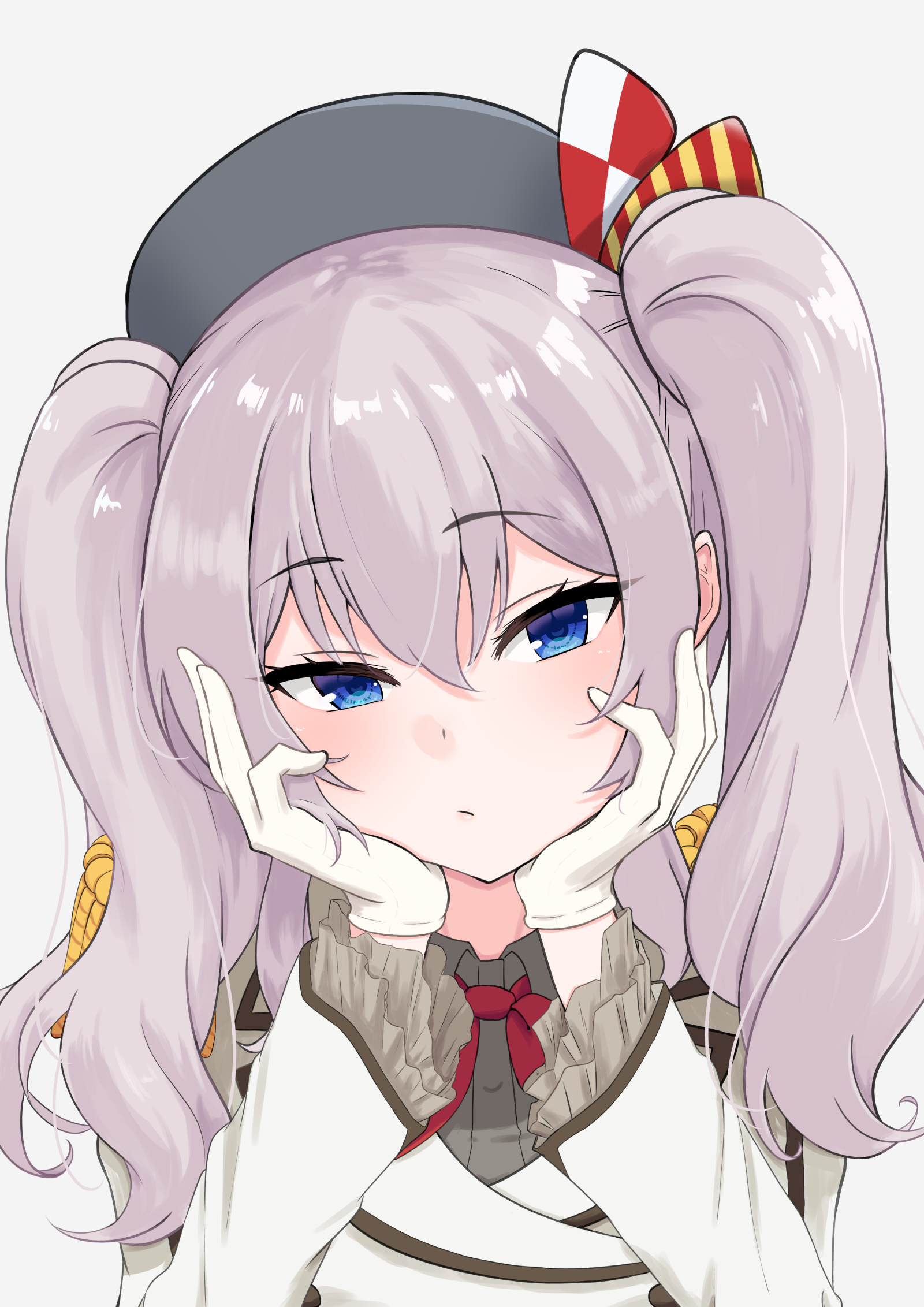 kashima (kancolle), kantai collection, commentary request, highres, 1girl, beret, blue eyes, blue hat, closed mouth, epaulettes, gloves, grey background, grey hair, grey shirt, hand on own cheek, hand on own face, hat, head rest, jacket, looking at viewer, military hat, military jacket, puffy sleeves, shirt, simple background, solo, sukegakure, two side up, white gloves, white jacket