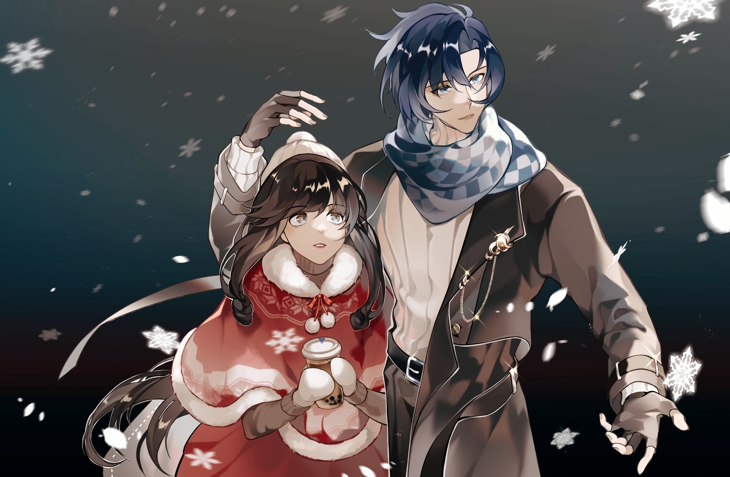 wangulongdong, clarence clayden, heroine (lovebrush chronicles), lovebrush chronicles, chinese commentary, commentary request, highres, 1boy, 1girl, beanie, belt, belt buckle, black background, black belt, black coat, black gloves, black pants, blue background, blue eyes, blue hair, blue scarf, bubble tea, buckle, checkered clothes, checkered scarf, clarence clayden (corridor of fate), coat, cowboy shot, cup, curtained hair, disposable cup, fingerless gloves, fur-trimmed poncho, gloves, gradient background, grey eyes, grey sweater, hair between eyes, hand up, hat, holding, holding cup, lapel pin, lapels, long hair, long sleeves, looking to the side, looking up, low-tied sidelocks, mittens, mole, mole under eye, notched lapels, open clothes, open coat, open hand, pants, parted lips, pom pom (clothes), pom pom beanie, red lips, red poncho, red skirt, scarf, shielding, short hair, sidelocks, skirt, smile, snowflakes, snowing, standing, sweater, swept bangs, turtleneck, turtleneck sweater, white hat, white mittens, white sweater, winter clothes