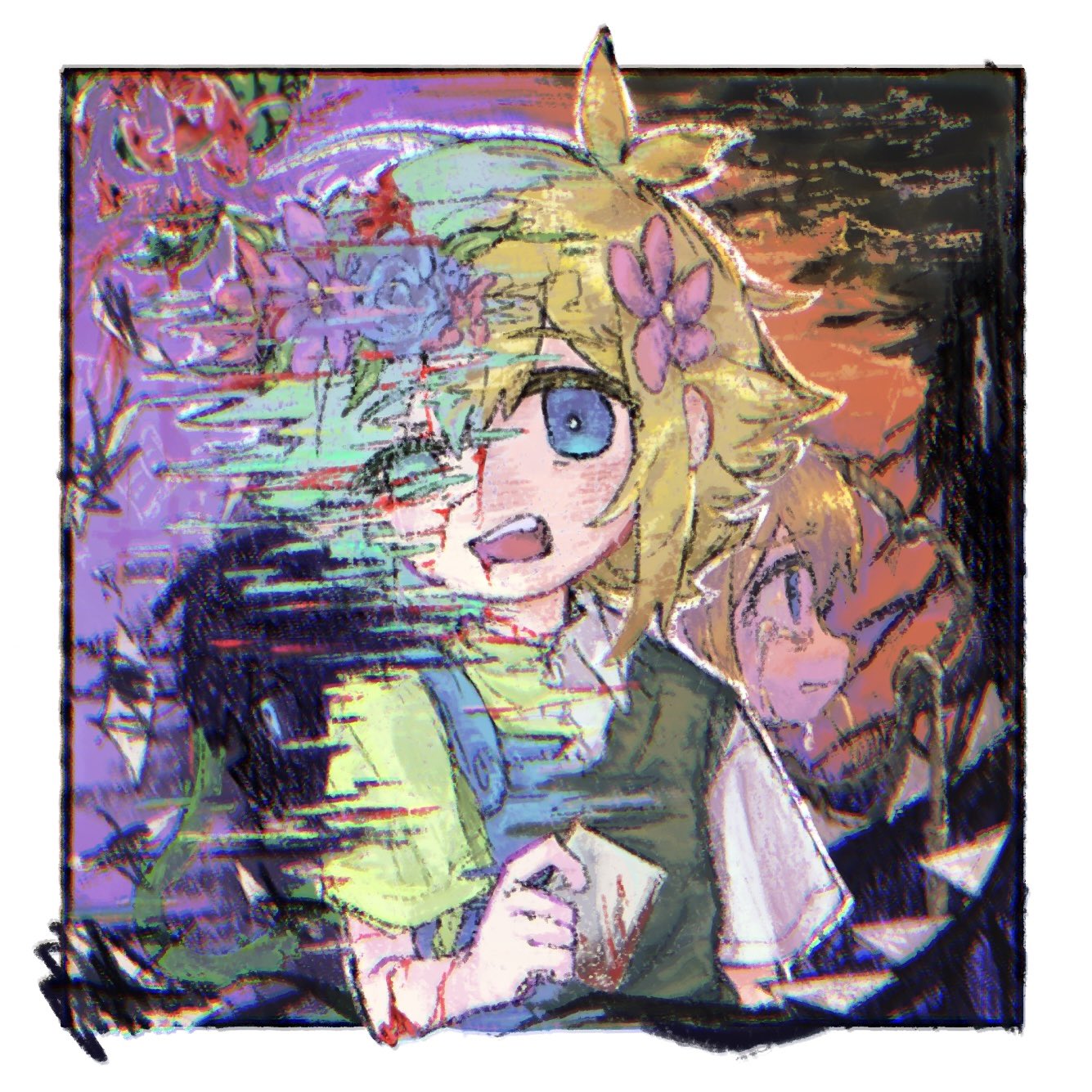 basil (faraway) (omori), basil (headspace) (omori), basil (omori), something (omori), stranger (omori), omori, commentary, english commentary, hashtag-only commentary, highres, 3boys, 5 mugiko, antenna hair, blonde hair, blood, blood on face, blue eyes, blue overalls, collared shirt, double-parted bangs, dual persona, flower, flower wreath, green eyes, green hair, green shirt, green sweater vest, hair between eyes, hair flower, hair ornament, head wreath, holding, holding photo, male focus, multiple boys, open mouth, overalls, photo (object), shirt, short hair, short sleeves, sidelocks, sweater vest, t-shirt, teeth, upper teeth only, white shirt