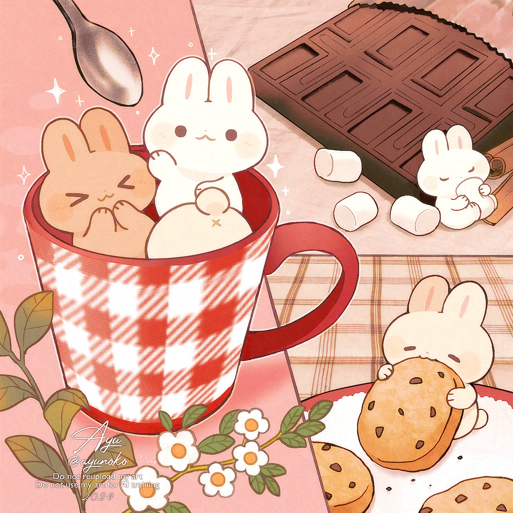 ayu (mog), original, commentary request, highres, > <, :3, animal focus, candy, chocolate, chocolate bar, chocolate chip cookie, closed eyes, cookie, cup, eating, flower, food, in container, in cup, leaf, marshmallow, no humans, rabbit, signature, sparkle, spoon, watermark, white flower, x3
