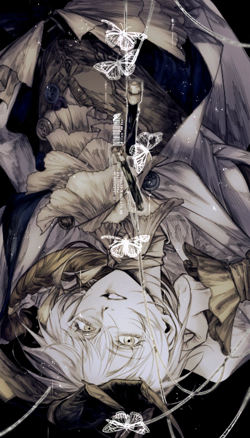 medicine pocket, reverse:1999, commentary request, highres, korean commentary, 1other, ascot, black background, brown hair, bug, butterfly, clenched teeth, coat, gyujik qzc, hands up, insect, long braid, looking at viewer, multicolored hair, official alternate costume, solo, teeth, two-tone hair, upper body, upside-down, white coat, white hair, yellow ascot, yellow eyes