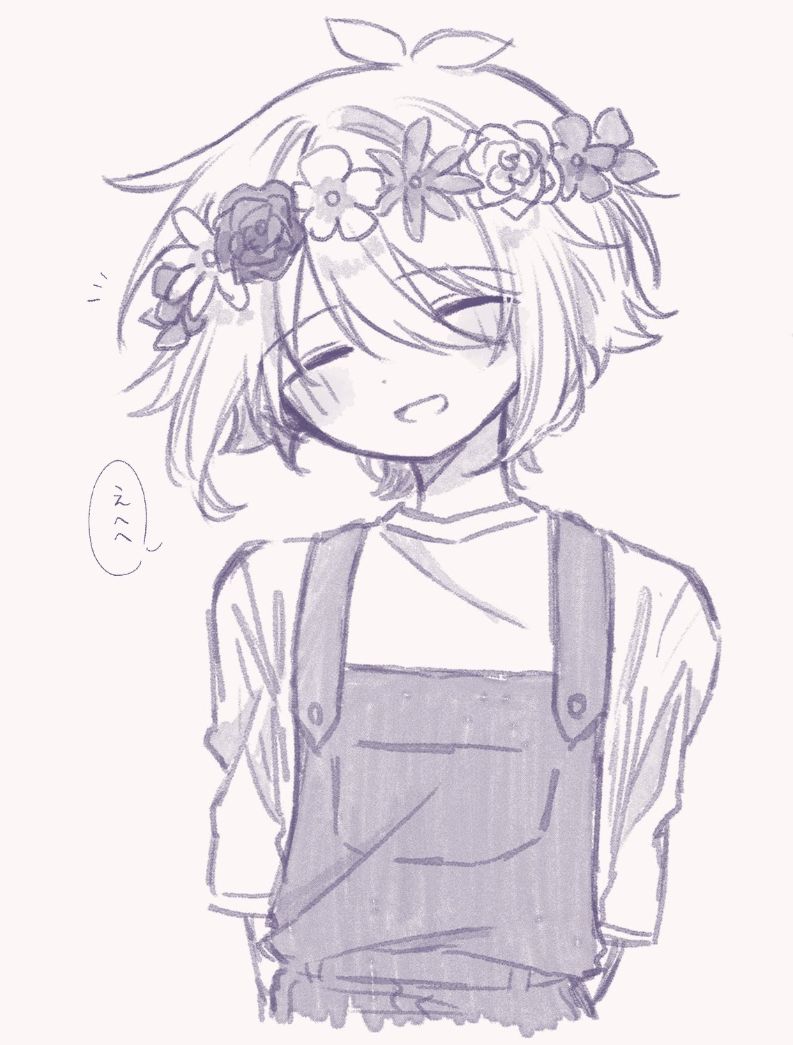 basil (headspace) (omori), basil (omori), omori, highres, translated, 1boy, antenna hair, arms behind back, blush, closed eyes, double-parted bangs, flower wreath, greyscale, hair between eyes, head wreath, male focus, mimi utlove, monochrome, open mouth, overalls, shirt, short hair, short sleeves, sidelocks, smile, solo, speech bubble, t-shirt, upper body