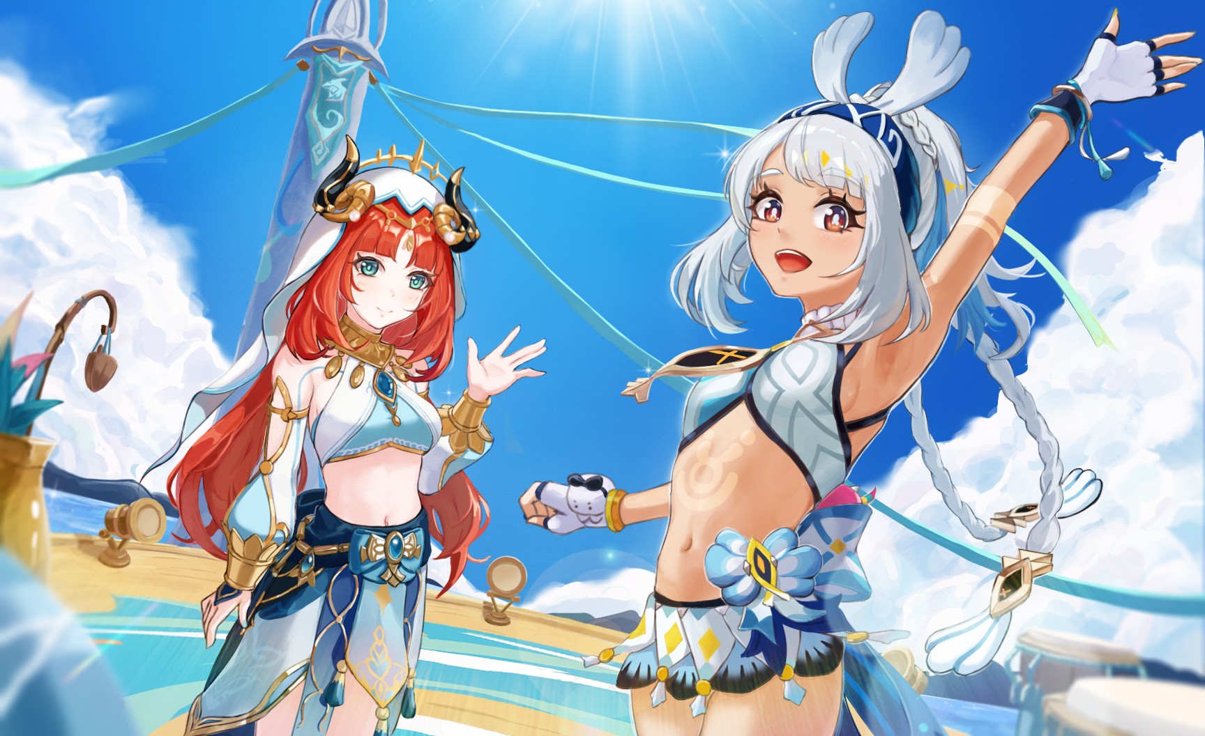 suhoi (berg), mualani (genshin impact), nilou (genshin impact), genshin impact, commentary request, highres, 2girls, aqua eyes, arm up, armpits, black horns, blue hairband, blue skirt, blue sky, braid, breasts, bright pupils, brooch, brown eyes, closed mouth, cloud, day, detached sleeves, fake horns, fingerless gloves, gloves, grey hair, hairband, hand up, harem outfit, horns, jewelry, long hair, looking at viewer, midriff, multiple girls, navel, open mouth, outdoors, puffy detached sleeves, puffy sleeves, skirt, sky, small breasts, smile, teeth, upper teeth only, veil, waving, white gloves, white pupils, white veil