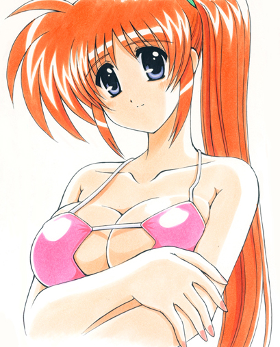 kamogawa tanuki, takamachi nanoha, lyrical nanoha, mahou shoujo lyrical nanoha, mahou shoujo lyrical nanoha strikers, 00s, 1girl, bikini, blue eyes, breasts, cleavage, crossed arms, female focus, large breasts, long hair, orange hair, pink bikini, purple eyes, red hair, side ponytail, solo, swimsuit