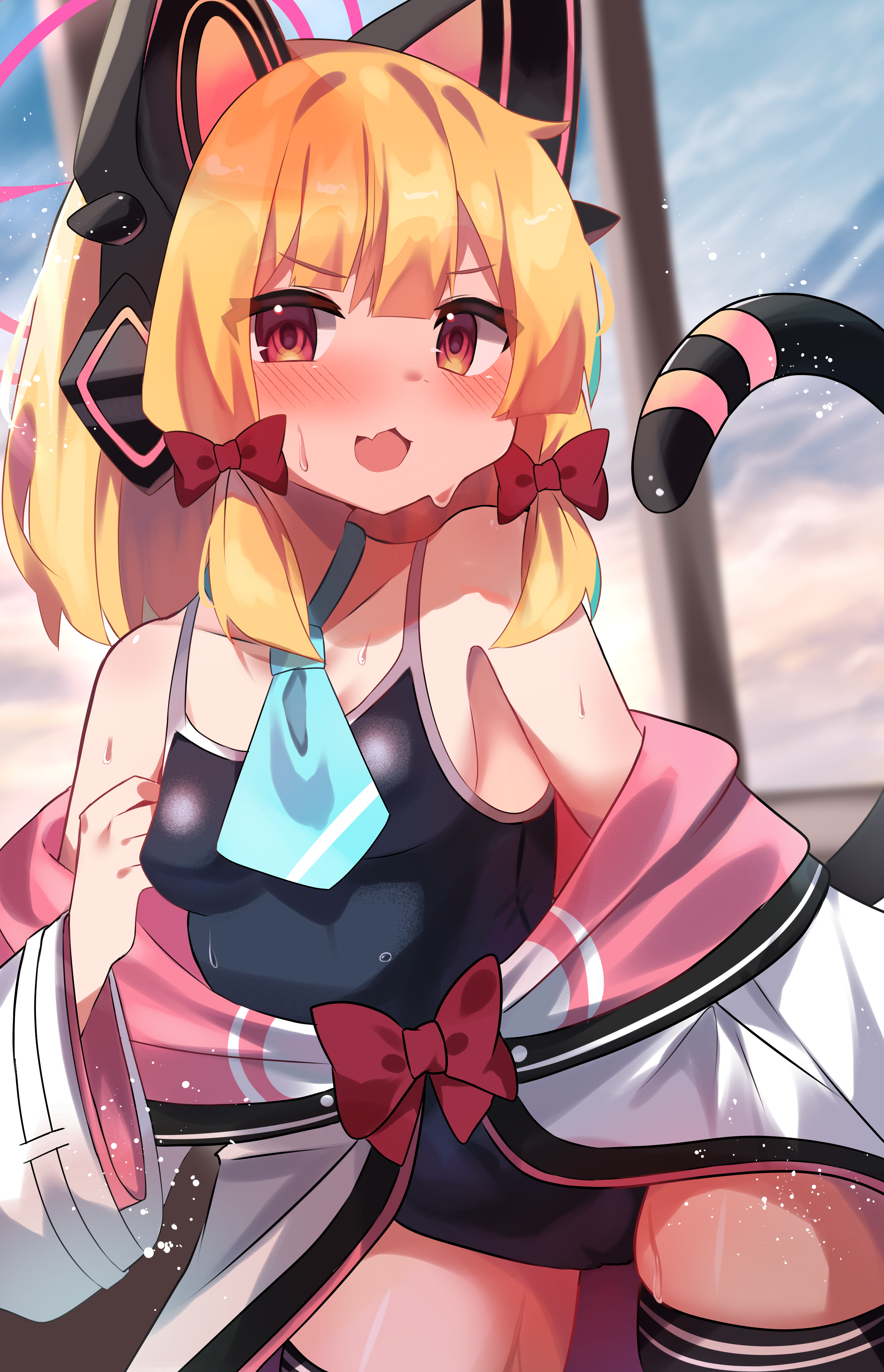 miru purin (cha mochi), momoi (blue archive), blue archive, absurdres, commentary request, highres, 1girl, animal ear headphones, animal ears, aqua necktie, bare shoulders, black one-piece swimsuit, black tail, black thighhighs, blonde hair, blurry, blurry background, blush, bow, breasts, cat ear headphones, cat ears, cat tail, chestnut mouth, collarbone, cowboy shot, depth of field, eyes visible through hair, fake animal ears, fake tail, fang, hair bow, halo, headphones, indoors, jacket, leaning forward, long sleeves, looking at viewer, low-tied sidelocks, medium hair, multicolored jacket, necktie, off shoulder, one-piece swimsuit, open mouth, parted bangs, pink halo, pink jacket, red bow, red eyes, school swimsuit, short necktie, sidelocks, skin fang, small breasts, smile, solo, sweat, swimsuit, swimsuit under clothes, tail, tail raised, thighhighs, v-shaped eyebrows, white jacket, wide sleeves, window