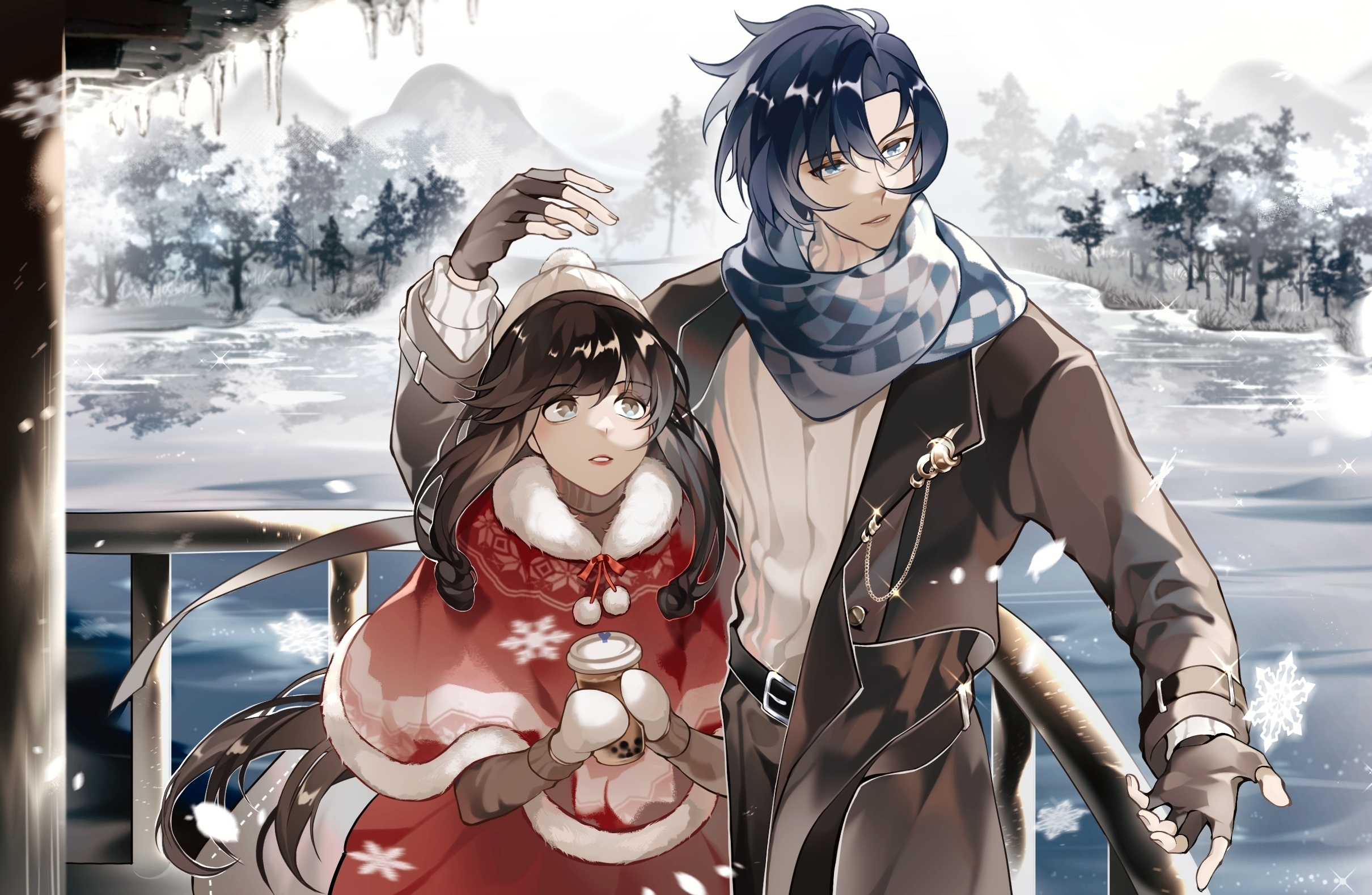 wangulongdong, clarence clayden, heroine (lovebrush chronicles), lovebrush chronicles, chinese commentary, commentary request, highres, 1boy, 1girl, beanie, belt, belt buckle, black belt, black coat, black gloves, black pants, blue eyes, blue hair, blue scarf, bubble tea, buckle, checkered clothes, checkered scarf, clarence clayden (corridor of fate), coat, cowboy shot, cup, curtained hair, day, disposable cup, fingerless gloves, fur-trimmed poncho, gloves, grey eyes, grey sweater, hair between eyes, hand up, hat, holding, holding cup, icicle, lake, lapel pin, lapels, long hair, long sleeves, looking to the side, looking up, low-tied sidelocks, mittens, mole, mole under eye, mountain, notched lapels, open clothes, open coat, open hand, pants, parted lips, pom pom (clothes), pom pom beanie, railing, red lips, red poncho, red skirt, scarf, shielding, short hair, sidelocks, skirt, smile, snowflakes, snowing, standing, sweater, swept bangs, tree, turtleneck, turtleneck sweater, veranda, white hat, white mittens, white sweater, winter, winter clothes