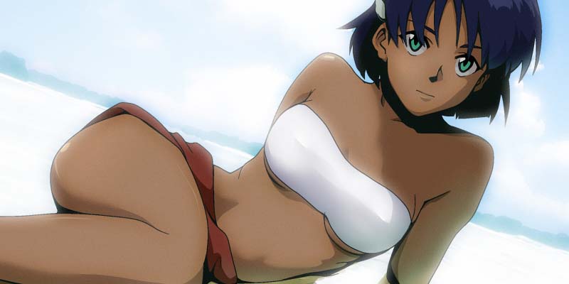 pu-chin, nadia la arwall, fushigi no umi no nadia, 1990s (style), 1girl, arm support, bandeau, dark-skinned female, dark skin, female focus, loincloth, lying, on side, retro artstyle, short hair, solo, strapless, tube top