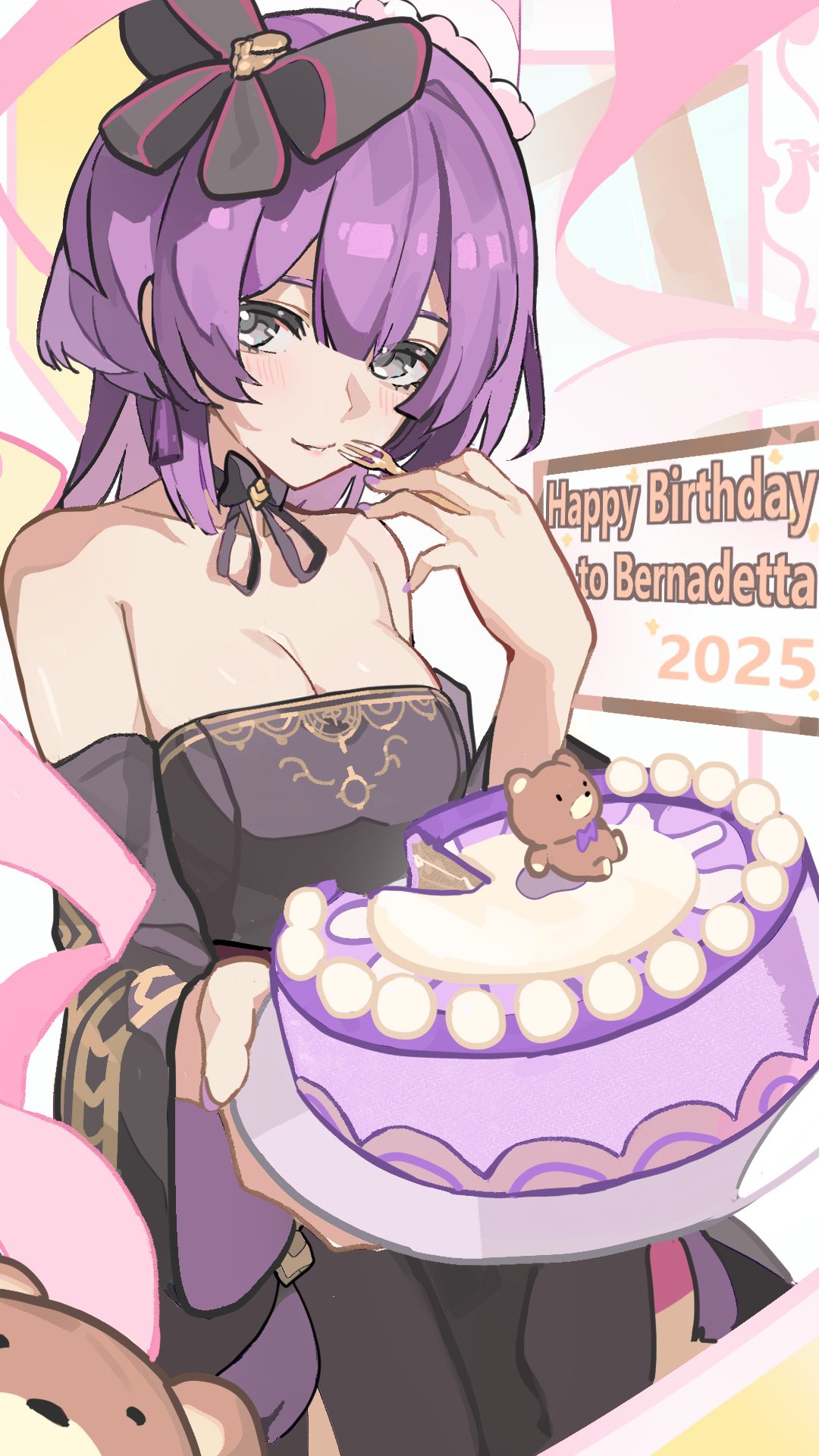 gbbgb321, bernadetta von varley, bernadetta von varley (timeskip), fire emblem, fire emblem: three houses, nintendo, commentary, highres, symbol-only commentary, 1girl, 2025, alternate costume, bare shoulders, birthday cake, black dress, breasts, cake, cleavage, detached sleeves, dress, earrings, eating, food, fork, grey eyes, happy birthday, holding, holding fork, jewelry, looking at viewer, medium breasts, medium hair, purple hair, solo, strapless, strapless dress, stuffed animal, stuffed toy, teddy bear