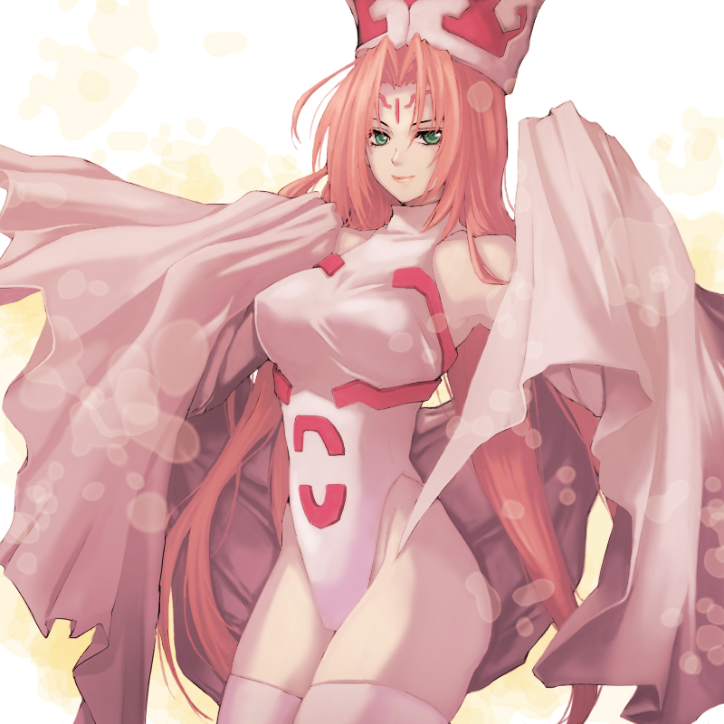 koma kiri aoko, so dakki, houshin engi, 1990s (style), 1girl, bare shoulders, breasts, cape, covered erect nipples, female focus, green eyes, hat, highleg, highleg leotard, large breasts, leotard, lips, long hair, pink hair, retro artstyle, simple background, smile, solo, thighhighs, thighs, very long hair, white background, white thighhighs