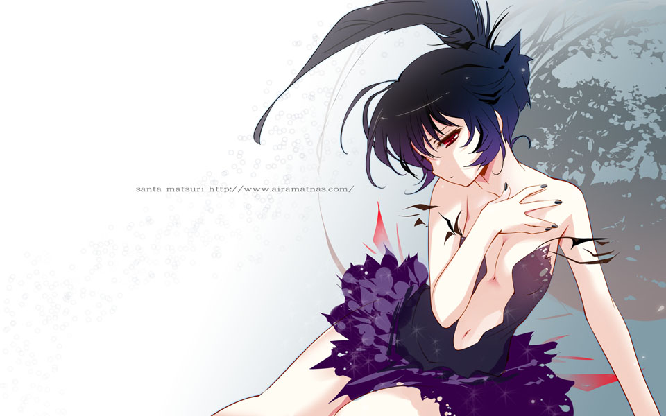 santa matsuri, princess kraehe, rue (princess tutu), hal film maker, princess tutu, bad id, bad pixiv id, 00s, 1girl, ballerina, bare shoulders, black hair, breasts, cleavage, feathers, female focus, navel, red eyes, solo, tutu
