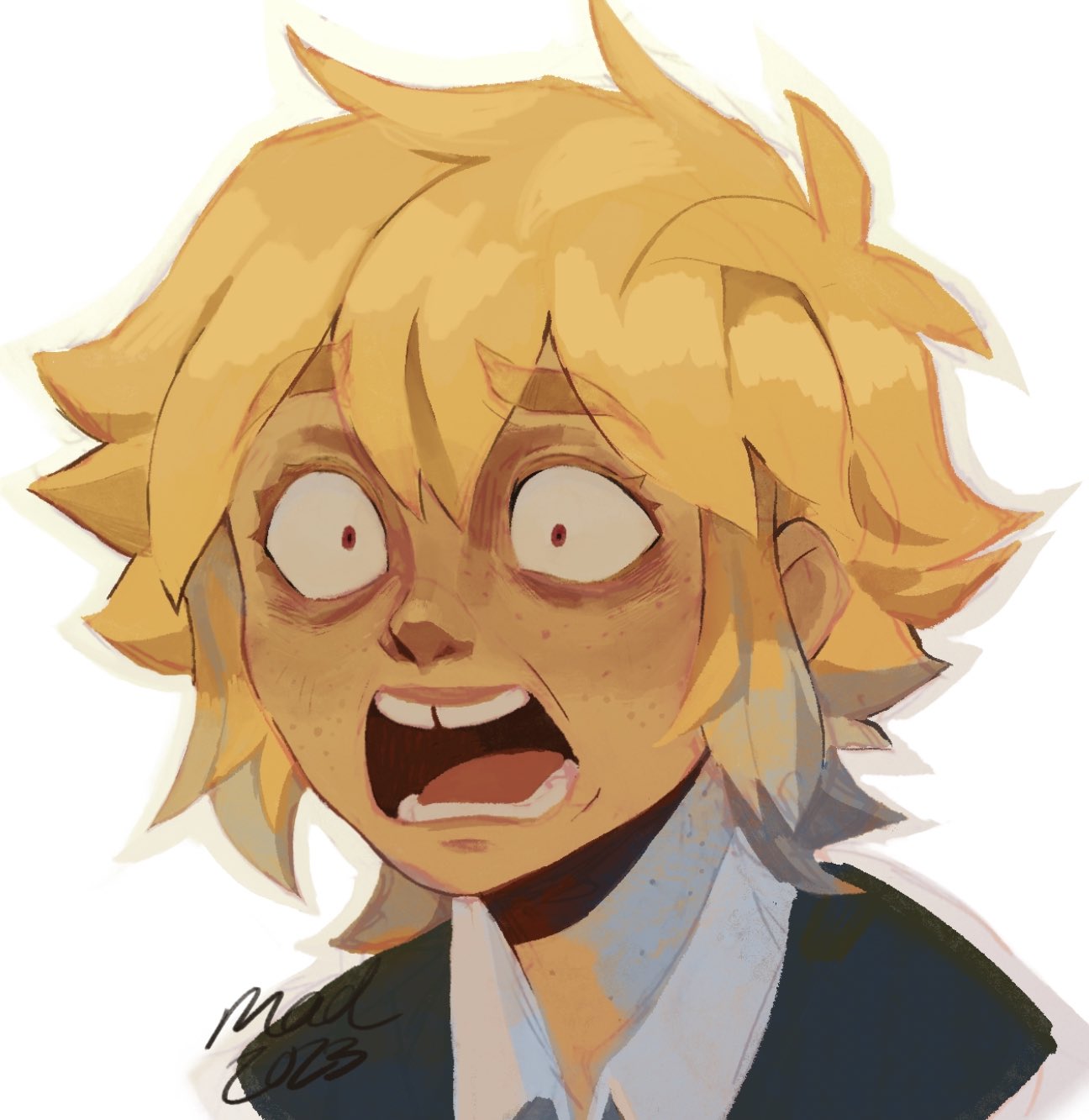 madnopost, basil (faraway) (omori), basil (omori), omori, commentary, english commentary, highres, 1boy, 2023, antenna hair, blonde hair, collared shirt, double-parted bangs, freckles, green sweater vest, hair between eyes, looking at viewer, male focus, shirt, short hair, sidelocks, simple background, solo, sweater vest, tooth gap, upper body, white background, white shirt