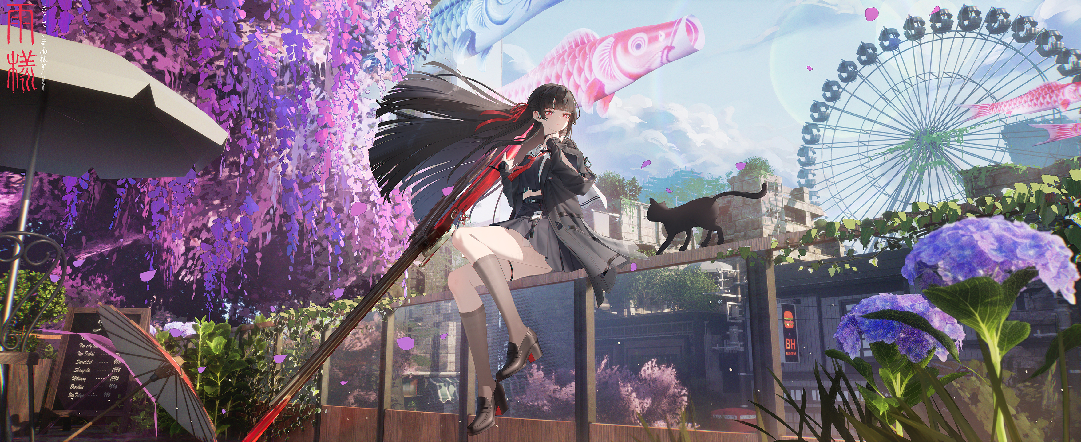 rain sama, chisa (wuthering waves), wuthering waves, absurdres, chinese commentary, commentary request, highres, 1girl, black hair, black jacket, black serafuku, black shirt, black shoes, black skirt, black socks, blue sky, day, ferris wheel, hair ribbon, hand up, holding, holding sword, holding weapon, jacket, long hair, looking to the side, neckerchief, red eyes, red neckerchief, red ribbon, ribbon, sailor collar, school uniform, serafuku, shirt, shoes, skirt, sky, socks, sword, thigh strap, thighs, weapon, white sailor collar, wind