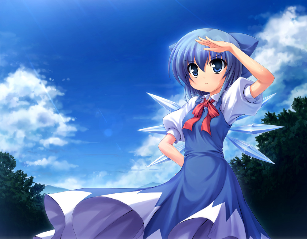 poni, takeponi, cirno, embodiment of scarlet devil, touhou, 1girl, blue eyes, blue hair, bow, cloud, covering own eyes, day, female focus, frown, hair bow, light rays, looking afar, matching hair/eyes, short hair, sky, solo, sunbeam, sunlight, tree, wings