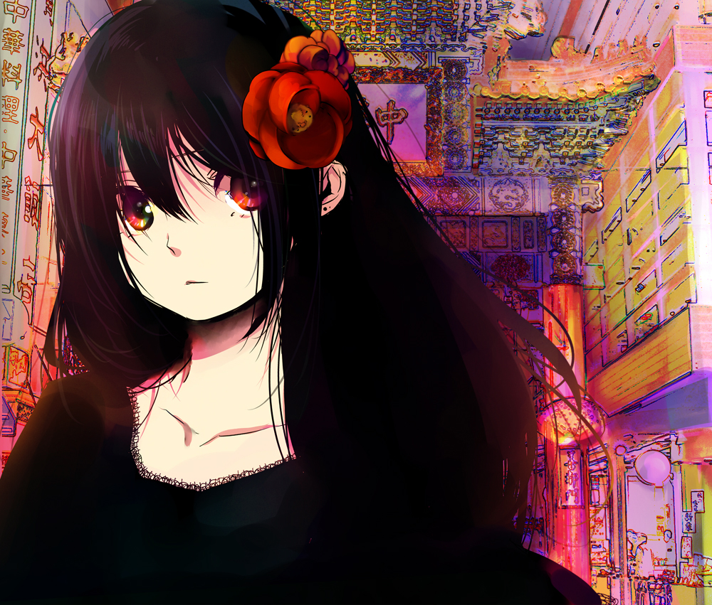 hashimochi, tagme, black hair, flower, long hair, red eyes, solo