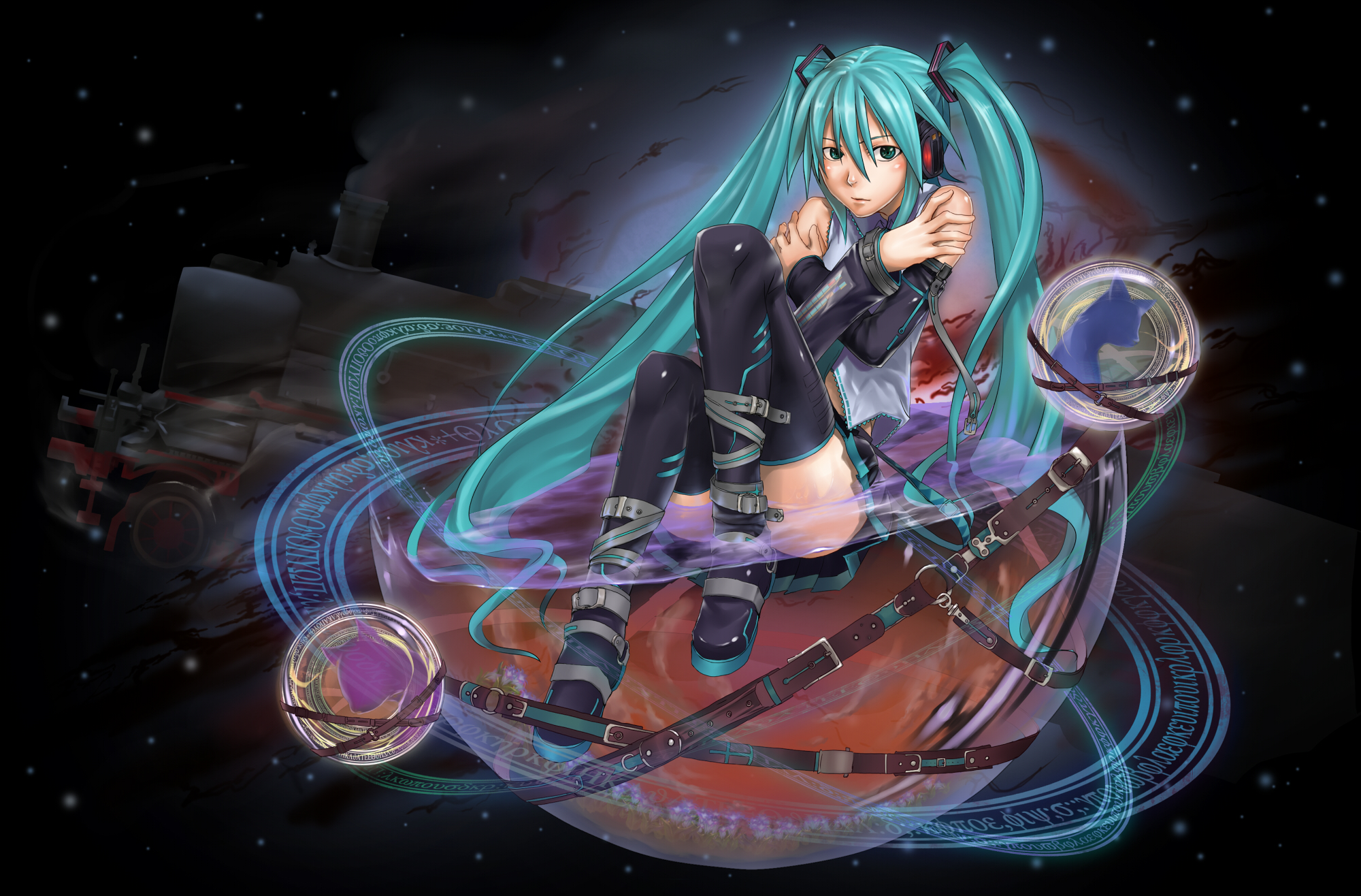 yorisuke, hatsune miku, vocaloid, bad id, bad pixiv id, highres, 1girl, aqua hair, bare shoulders, belt, detached sleeves, female focus, full body, legs, long hair, solo, space, thighhighs, train, twintails, very long hair