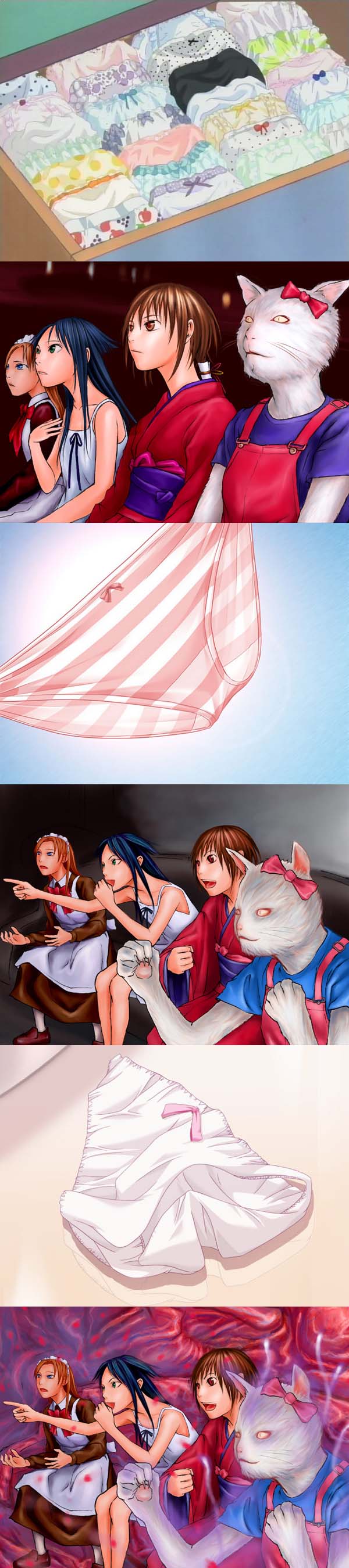 saya (saya no uta), hello kitty, sanrio, saya no uta, absurdres, highres, long image, tall image, gaijin 4koma (meme), maid, meme, panties, underwear