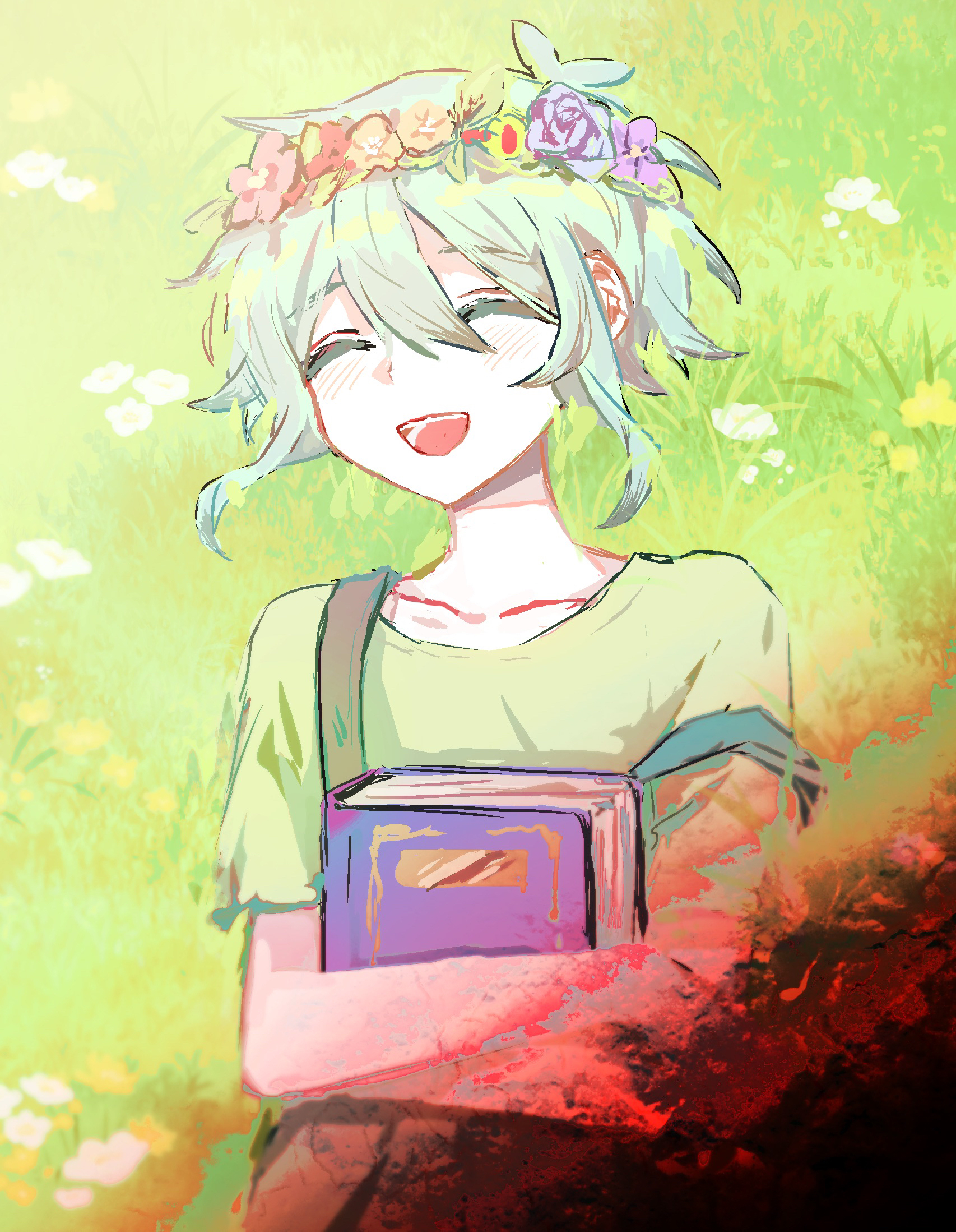 sukinakoto1ppai, basil (headspace) (omori), basil (omori), omori, commentary, highres, 1boy, :d, ^ ^, antenna hair, blue flower, blue rose, book, closed eyes, collarbone, day, double-parted bangs, flower, flower wreath, grass, green hair, green shirt, hair between eyes, head wreath, holding, holding book, leaf, lying, male focus, on back, on grass, open mouth, orange flower, outdoors, overalls, pink flower, purple flower, rose, shirt, short hair, short sleeves, smile, solo, strap slip, t-shirt, teeth, tongue, upper body, white flower