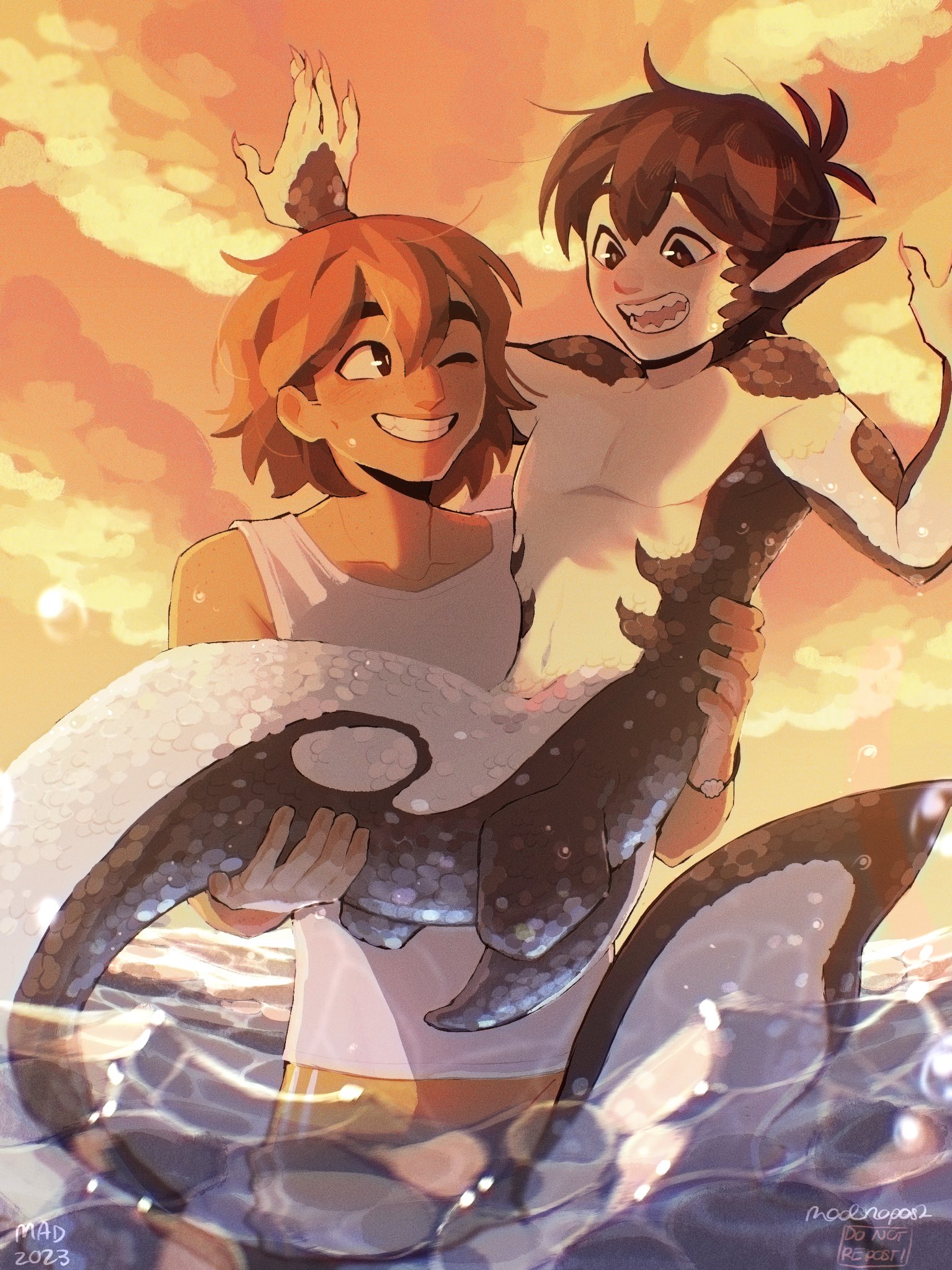 madnopost, kel (faraway) (omori), kel (omori), sunny (omori), omori, commentary, english commentary, highres, 2boys, alternate costume, alternate species, alternate universe, antenna hair, black eyes, black hair, brown hair, carrying, dark-skinned male, dark skin, double-parted bangs, evening, grin, hair between eyes, looking at another, male focus, multiple boys, one eye closed, open mouth, orange shorts, outdoors, pointy ears, princess carry, sharp teeth, short hair, shorts, smile, tank top, teeth, water, white tank top