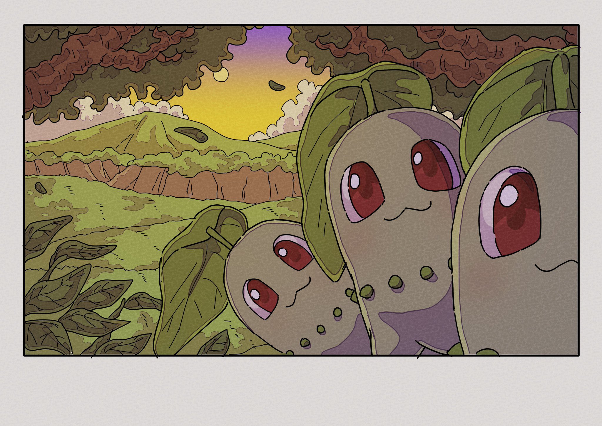 onamuzi illust, chikorita, nintendo, pokemon, commentary, highres, :3, closed mouth, cloud, gen 2 pokemon, leaf, looking at viewer, no humans, outdoors, pokemon (creature), pokemon focus, red eyes, sky, smile, tree