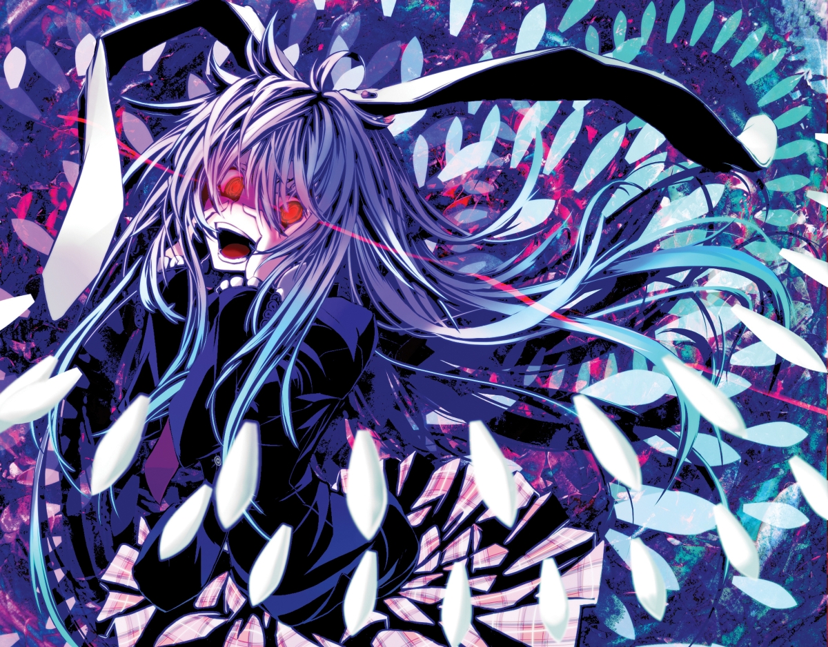 beshi, reisen udongein inaba, touhou, bad id, bad pixiv id, 1girl, animal ears, blazer, bullet, crazy, danmaku, female focus, glowing, glowing eyes, hands on own cheeks, hands on own face, jacket, laughing, long hair, necktie, purple hair, rabbit ears, red eyes, solo