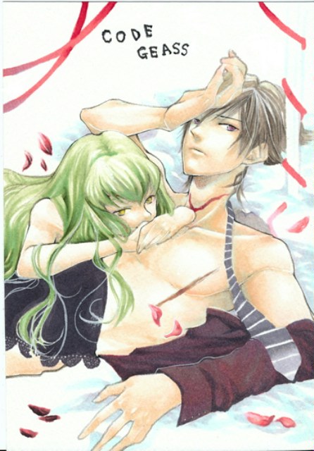 noppo, c.c., lelouch vi britannia, code geass, 00s, black hair, green hair, purple eyes, yellow eyes