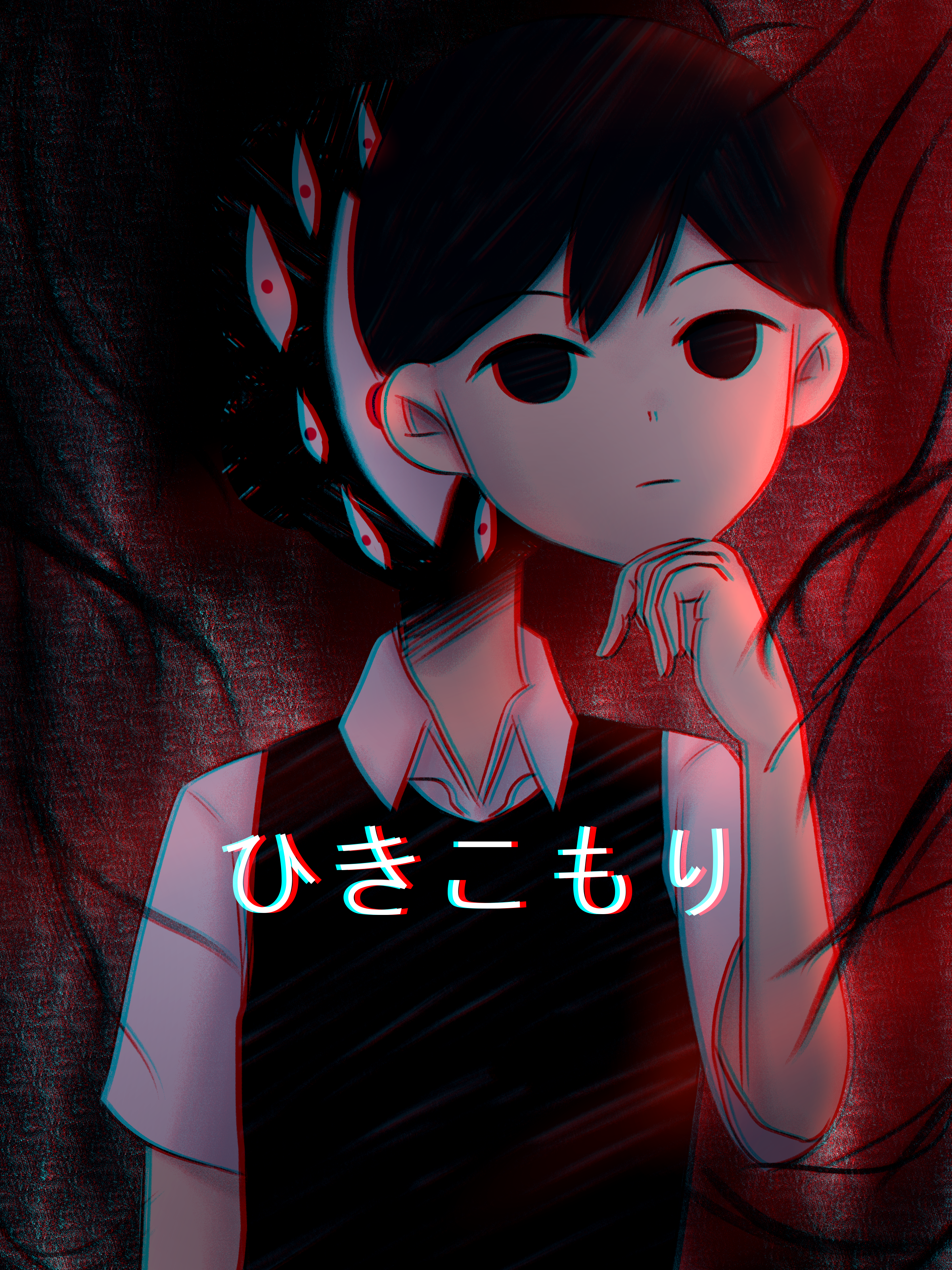 emergencysundae, omori (omori), sunny (omori), omori, absurdres, commentary, english commentary, highres, translated, 1boy, antenna hair, black eyes, black hair, black sweater vest, chromatic aberration, closed mouth, collared shirt, double-parted bangs, dual persona, hair between eyes, holding, holding mask, mask, shirt, short hair, short sleeves, solo, sweater vest, upper body, white shirt