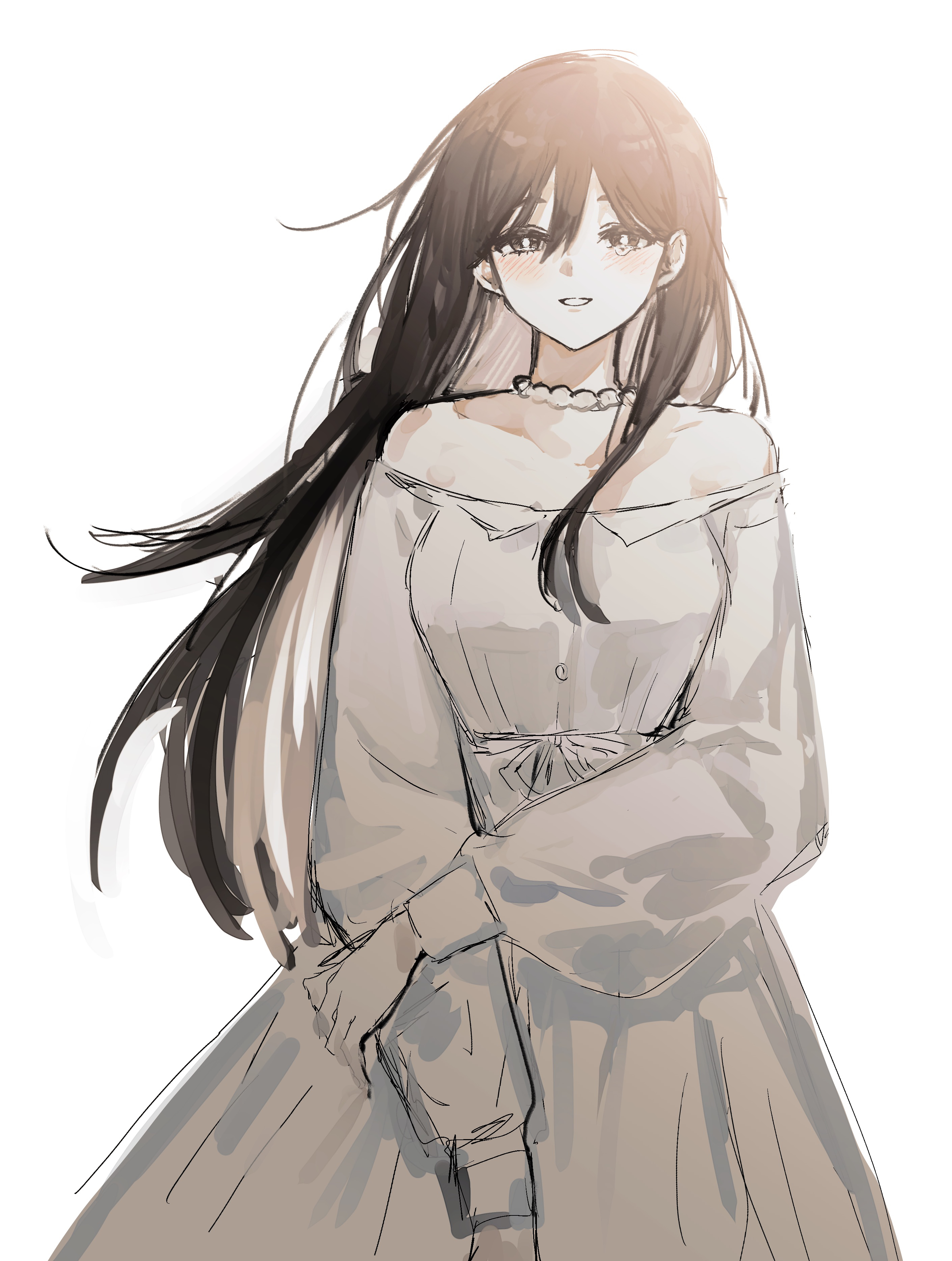 sukinakoto1ppai, mari (faraway) (omori), mari (omori), omori, absurdres, commentary, highres, 1girl, :d, bare shoulders, bead choker, beads, black eyes, black hair, bloom, breasts, bright pupils, choker, collarbone, colored inner hair, cowboy shot, double-parted bangs, dress, grey hair, grin, hair behind ear, hair between eyes, hair over shoulder, half-closed eyes, hand on own arm, long sleeves, looking at viewer, multicolored hair, off-shoulder dress, off shoulder, official alternate costume, open mouth, pale skin, puffy long sleeves, puffy sleeves, ribbon, ribbon-trimmed dress, ribbon trim, simple background, small breasts, smile, solo, standing, straight-on, straight hair, tearing up, two-tone hair, white background, white choker, white dress, white pupils, white ribbon, wind