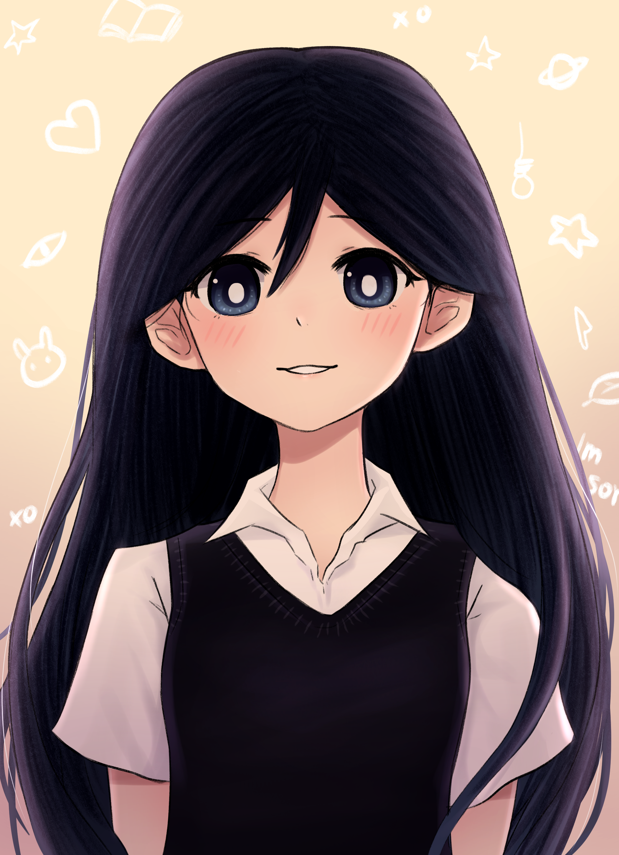 emergencysundae, mari (faraway) (omori), mari (omori), omori, absurdres, commentary, english commentary, highres, 1girl, black eyes, black hair, black sweater vest, blush, bright pupils, collared shirt, double-parted bangs, hair between eyes, long hair, looking at viewer, parted lips, shirt, short sleeves, smile, solo, sweater vest, upper body, white pupils