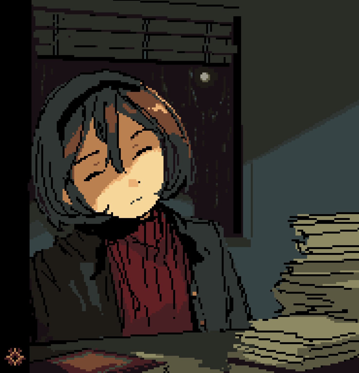 kornod, commentary, english commentary, highres, official art, 1girl, alice (rainchaser), black jacket, bob cut, book, brown hair, closed eyes, closed mouth, copyright logo, crack of light, dark room, desk, exhausted, hairband, head tilt, indoors, jacket, layered clothes, logo, moon, night, open clothes, open jacket, paper stack, pixel art, popped collar, rain, rainchaser, red sweater, shadow, short hair, solo, sweater, upper body, wavy mouth, window, window blinds