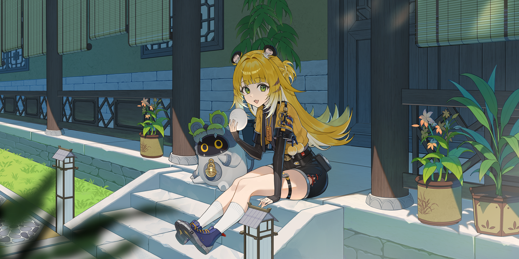 usamochi., bangboo (zenless zone zero), belion (zenless zone zero), ju fufu, zenless zone zero, commentary request, highres, 1girl, animal ear fluff, animal ears, black shorts, blonde hair, blue boots, blurry, blurry foreground, boots, day, flower, food, grass, green eyes, holding, holding food, leaf, long hair, looking at viewer, multicolored hair, outdoors, plant, potted plant, shorts, sitting, socks, stairs, steamed bun, thigh strap, tiger ears, tiger girl, white hair, white socks