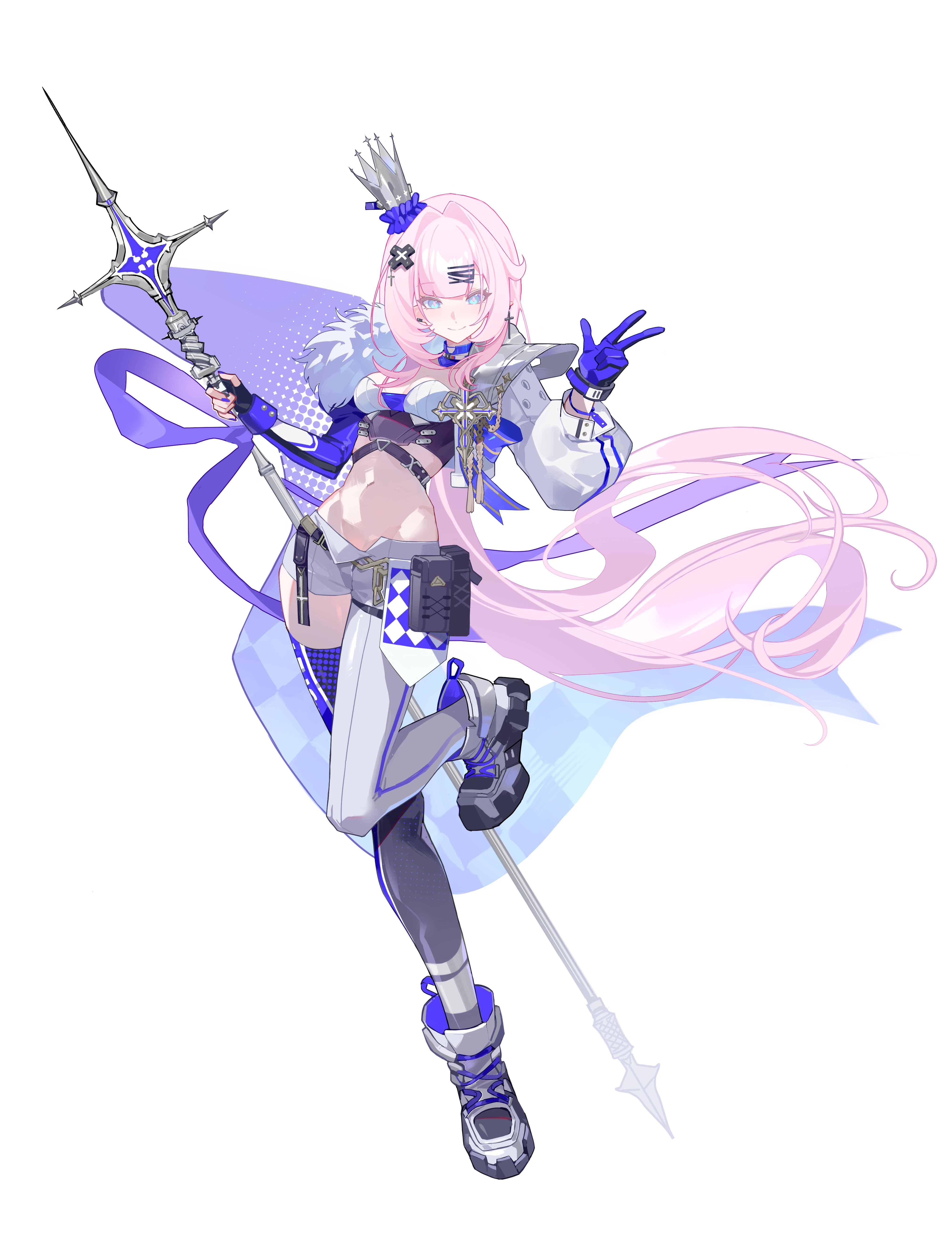 nizi w, elysia (honkai impact), honkai (series), honkai impact 3rd, absurdres, chinese commentary, commentary request, highres, 1girl, alternate costume, asymmetrical legwear, black thighhighs, blue gloves, boots, breasts, crop top, crown, full body, fur-trimmed jacket, fur trim, gloves, grey thighhighs, holding, holding polearm, holding weapon, jacket, long hair, looking at viewer, medium breasts, midriff, mismatched legwear, navel, pink hair, polearm, short shorts, shorts, simple background, smile, solo, standing, standing on one leg, thighhighs, very long hair, weapon, white background, white boots, white jacket, white shorts