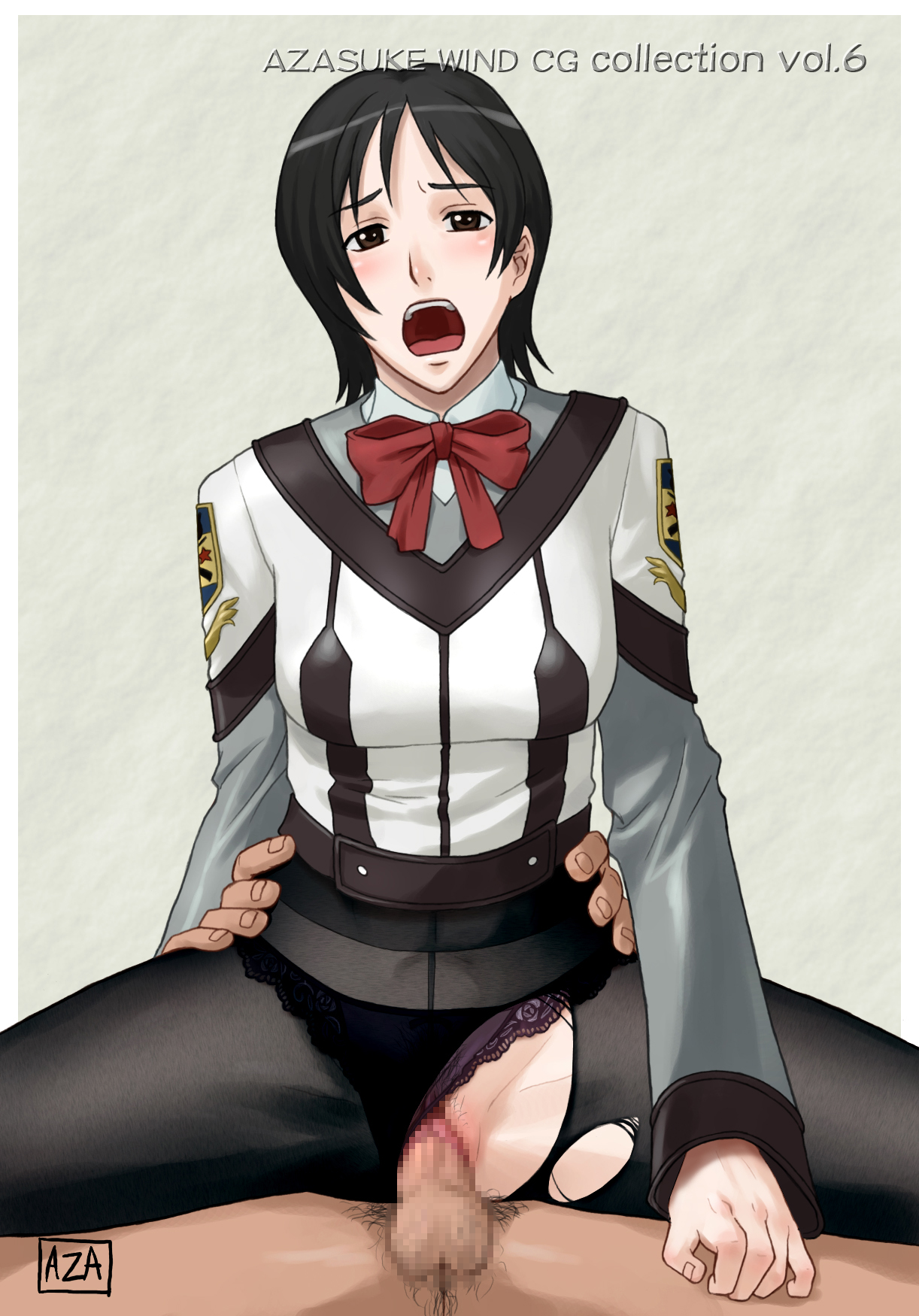 azasuke, hara motoko, gunparade march, torn legwear, highres, 00s, 1girl, censored, clothing aside, girl on top, open mouth, panties, panties aside, panties under pantyhose, pantyhose, purple panties, reverse cowgirl position, sex, short hair, straddling, torn clothes, underwear, vaginal