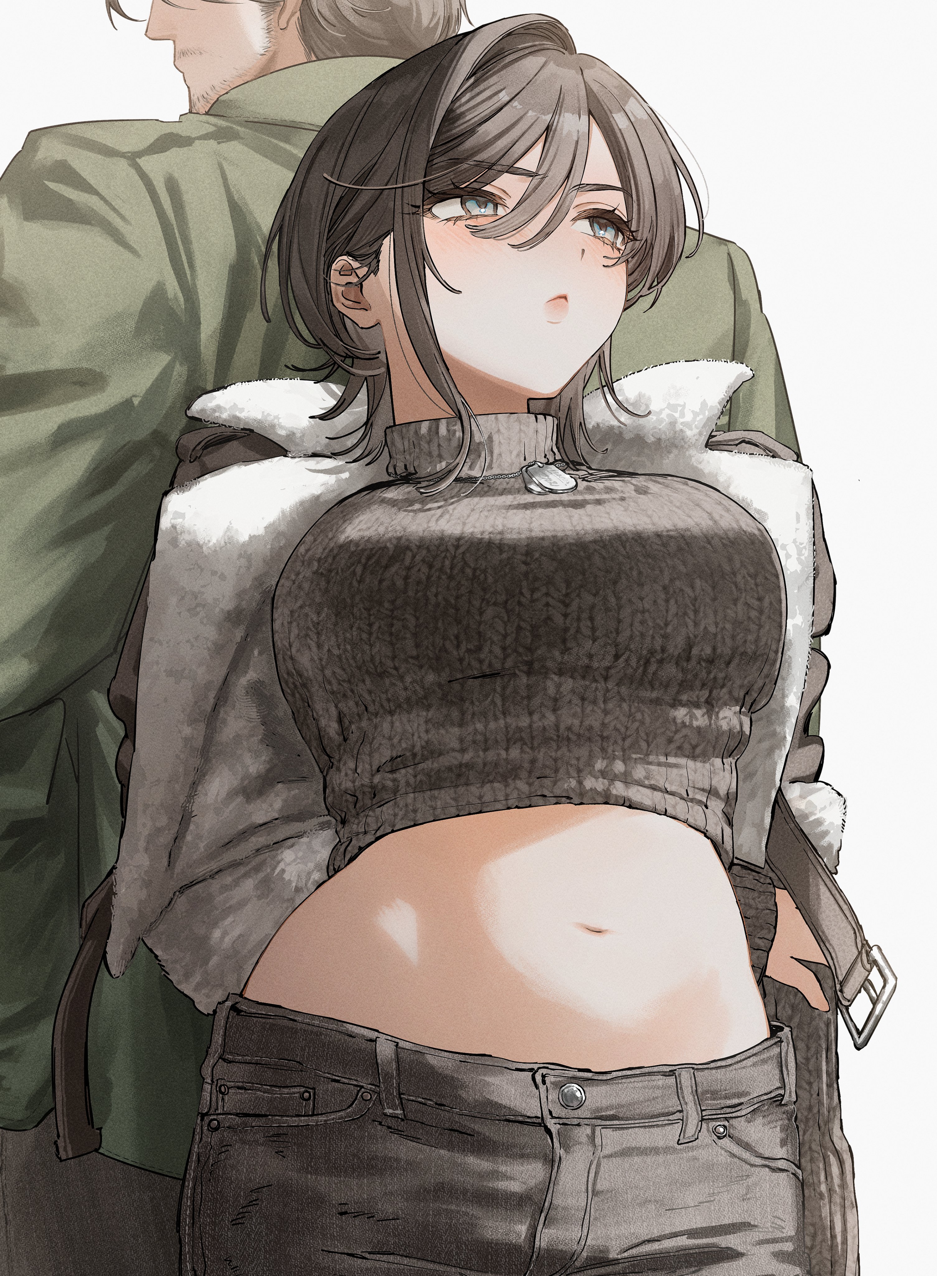 mesiellar, original, absurdres, highres, 1boy, 1girl, beard stubble, black pants, blush, breasts, brown hair, cowboy shot, crop top, cropped jacket, dog tags, facial hair, from below, fur trim, green eyes, green shirt, hair between eyes, large breasts, lips, looking to the side, midriff, navel, pants, ribbed sweater, shirt, short hair, simple background, single hair intake, stomach, strap, stubble, sweater, turtleneck, turtleneck sweater, white background, yulia (mesiellar)