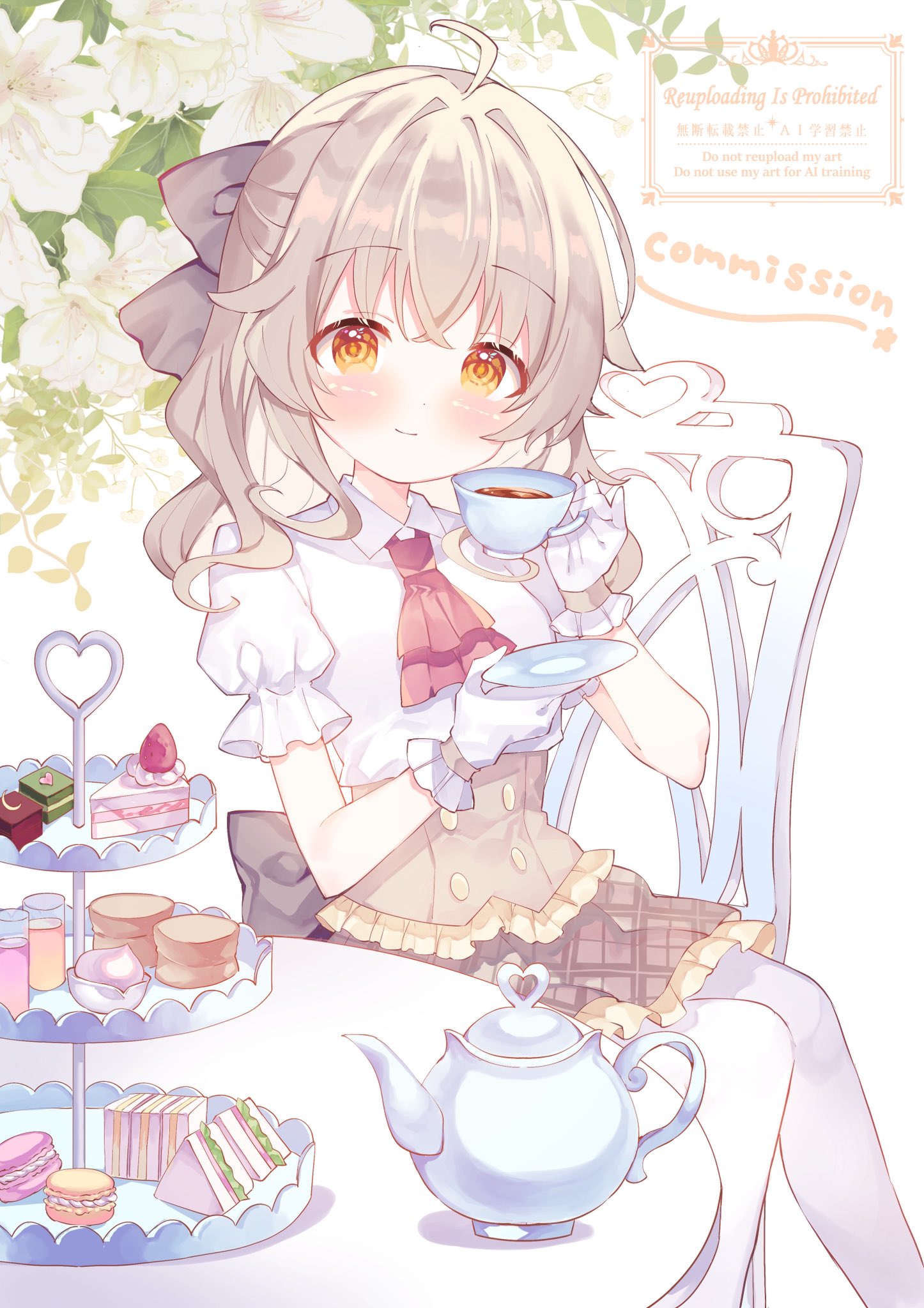 moeno uni, original, commentary, commission, highres, skeb commission, 1girl, ahoge, ascot, black bow, blush, bow, brown hair, brown skirt, cake, cake slice, chair, closed mouth, collared shirt, cup, feet out of frame, food, frilled skirt, frills, gloves, hair bow, holding, holding cup, holding saucer, long hair, looking at viewer, macaron, pantyhose, plaid clothes, plaid skirt, red ascot, sandwich, saucer, shirt, short sleeves, simple background, sitting, skirt, smile, solo, teacup, tiered tray, watermark, white background, white gloves, white pantyhose, white shirt, yellow eyes